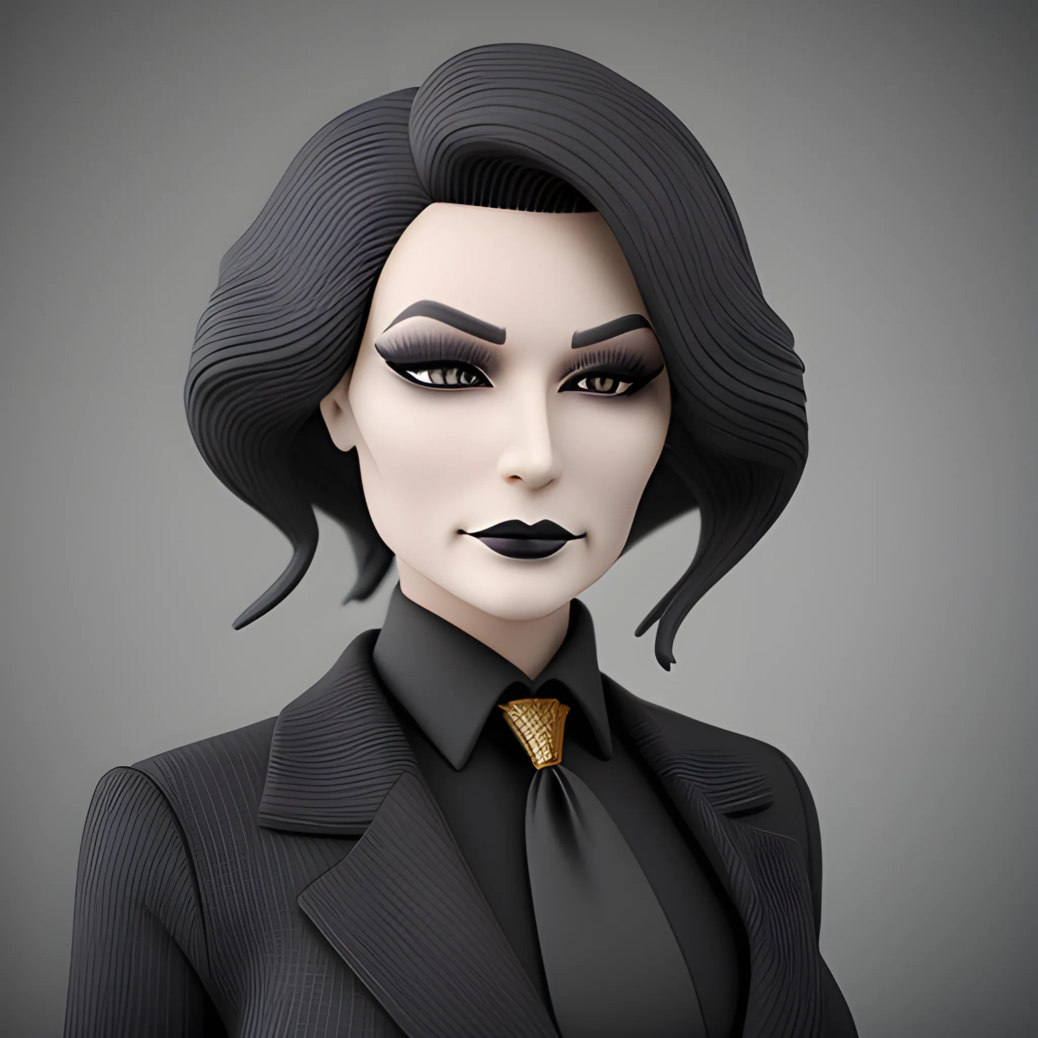 Beautiful grayish shoulder length haired 123 year old business woman with black lipstick and eye makeup dressed in an all black business suit black long tie full body pose photo realistic 24k ultra realistic quality 3D no deformation