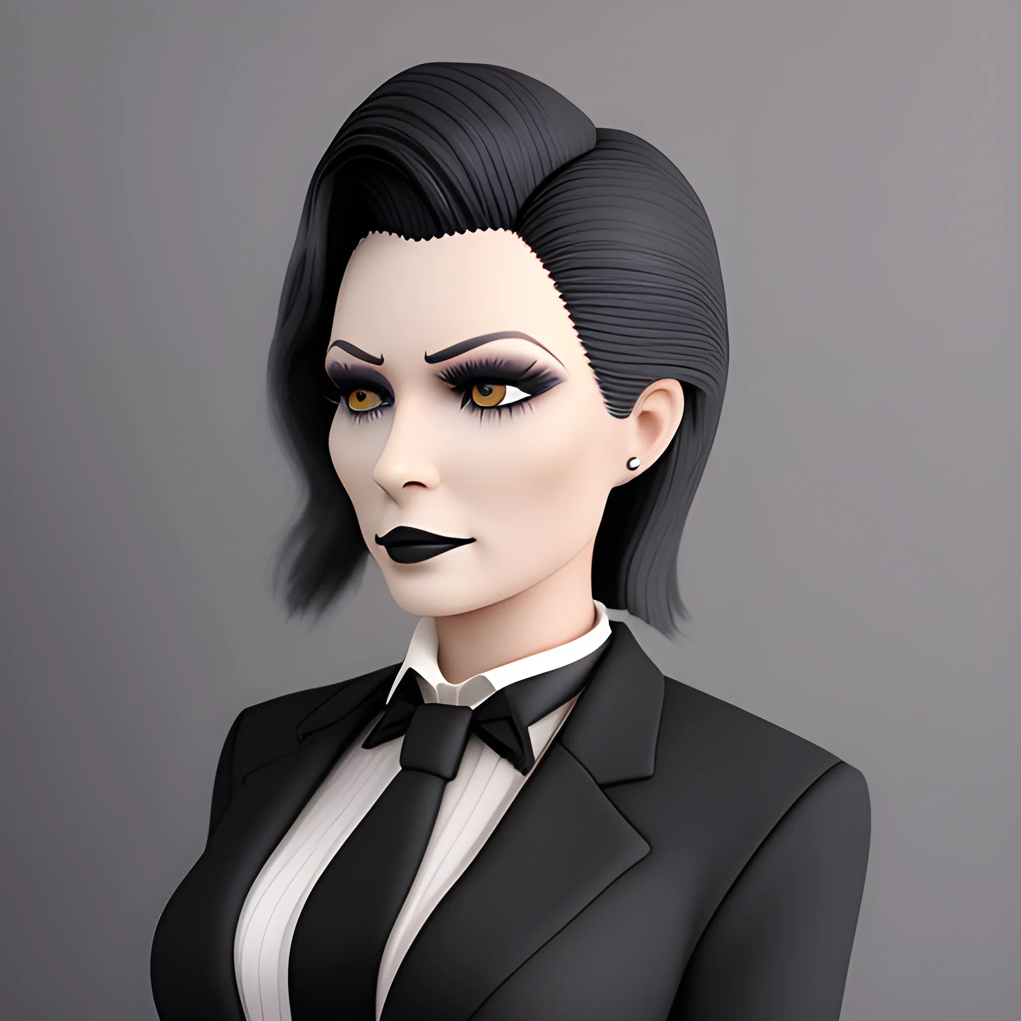 Beautiful grayish shoulder length haired 123 year old business woman with black lipstick and eye makeup dressed in an all black business suit black long tie full body pose photo realistic 24k ultra realistic quality 3D no deformation