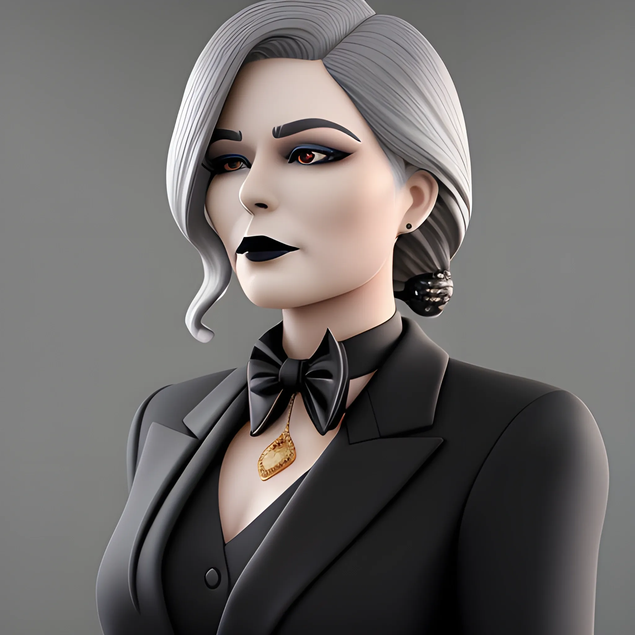 Beautiful grayish shoulder length haired 123 year old business woman with black lipstick and eye makeup dressed in an all black business suit black long tie full body pose photo realistic 24k ultra realistic quality 3D no deformation