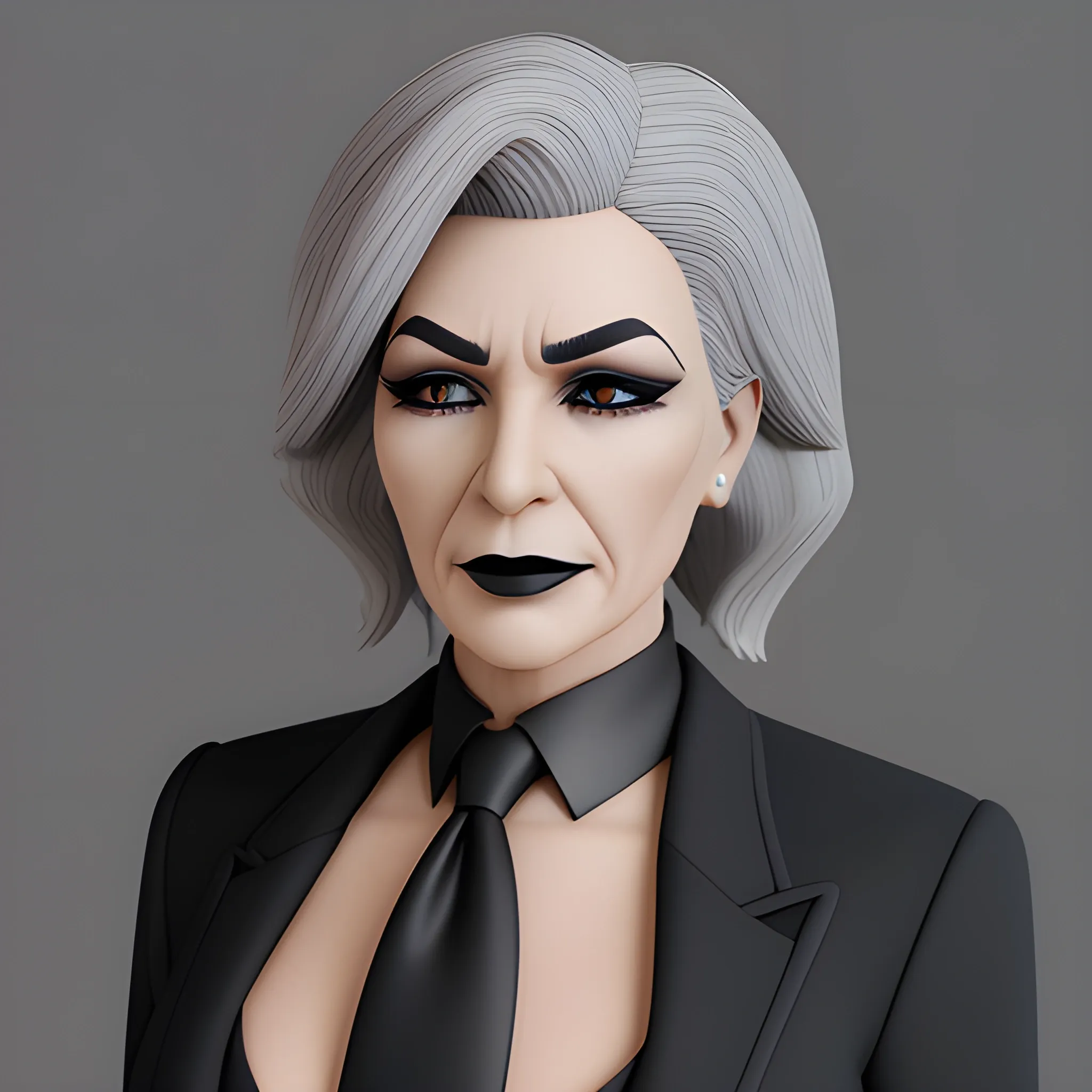 Beautiful fully gray haired shoulder length 123 year old business woman with black lipstick and eye makeup dressed in an all black business suit black long tie full body pose photo realistic 24k ultra realistic quality 3D no deformation