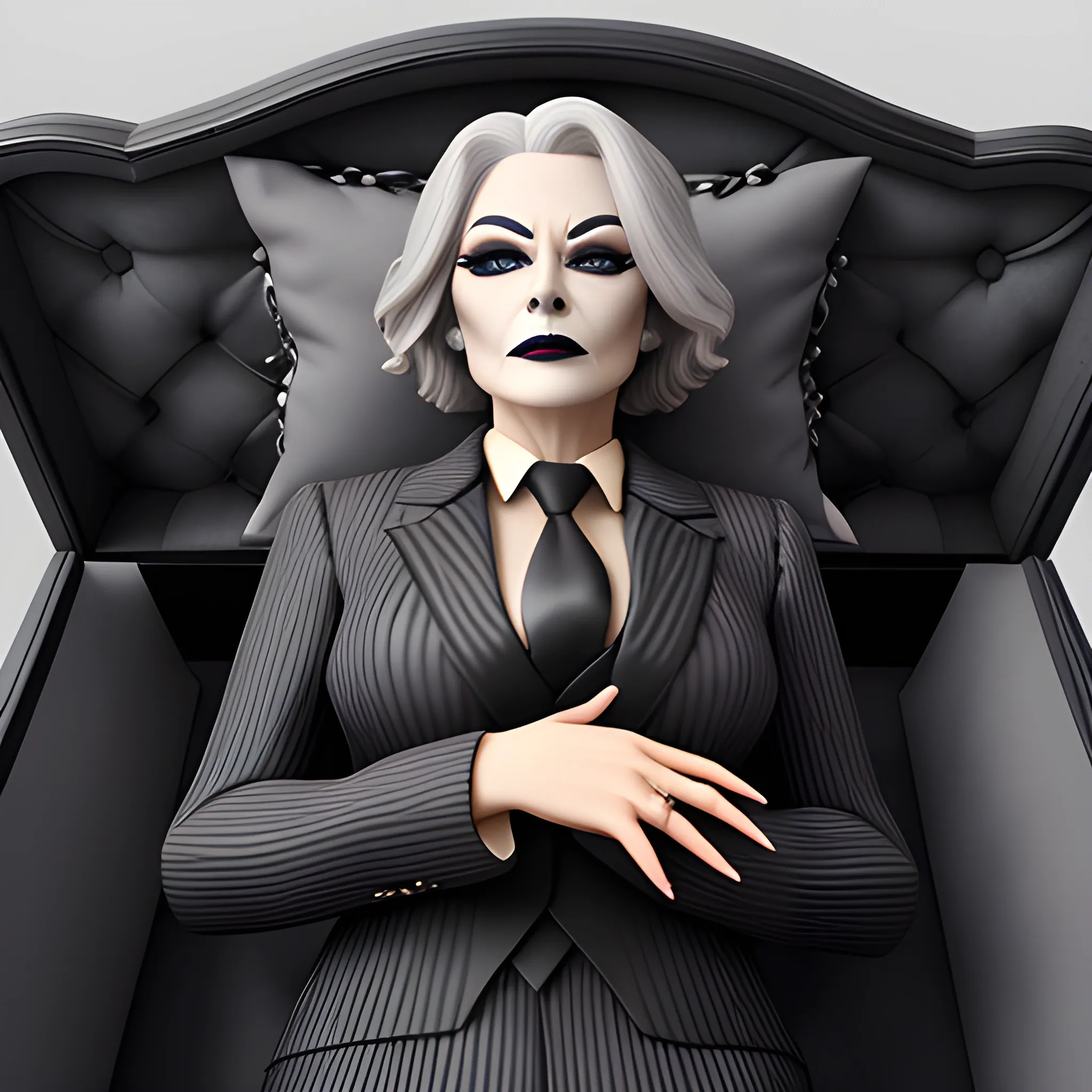 Beautiful fully gray haired shoulder length 123 year old business woman with black lipstick and eye makeup dressed in an all black business suit black long tie full body pose photo laying in a casket realistic 24k ultra realistic quality 3D no deformation