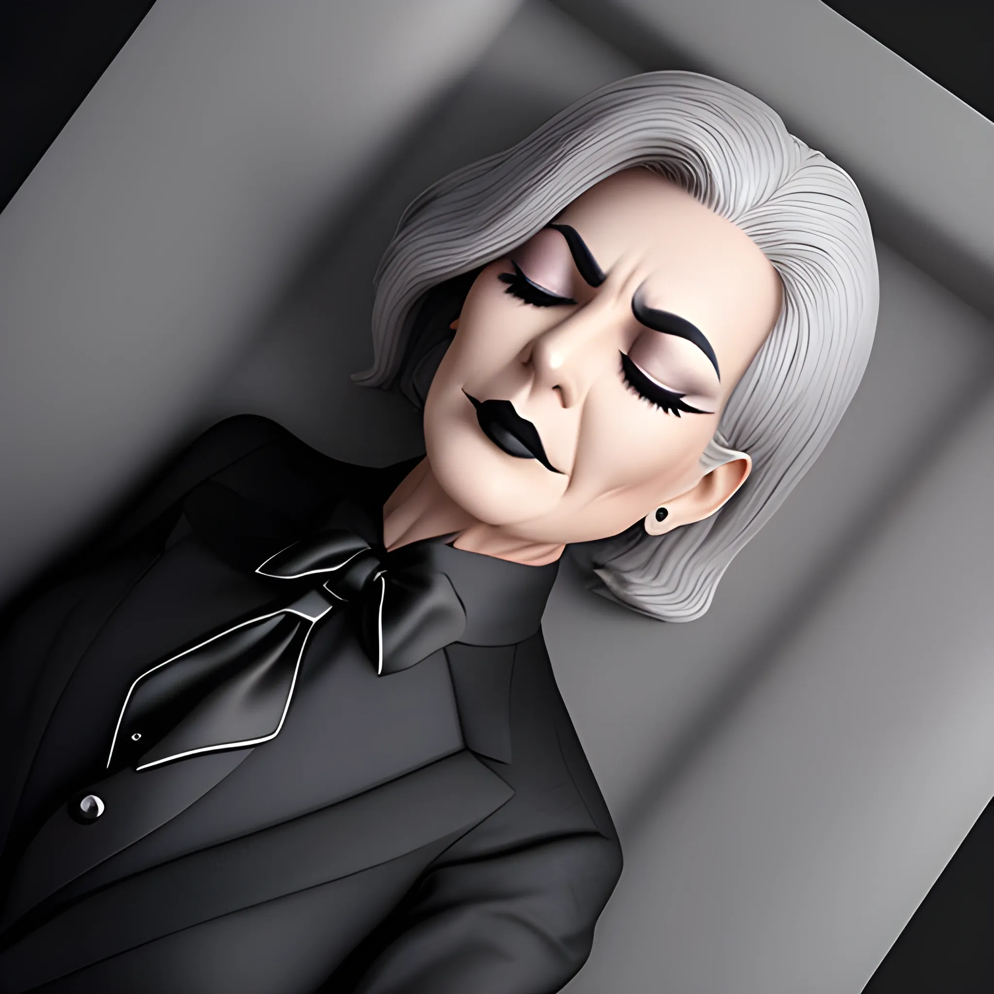 Beautiful fully gray haired shoulder length 123 year old business woman with black lipstick and eye makeup dressed in an all black business suit black long tie full body pose photo laying in a casket with eyes closed realistic 24k ultra realistic quality 3D no deformation