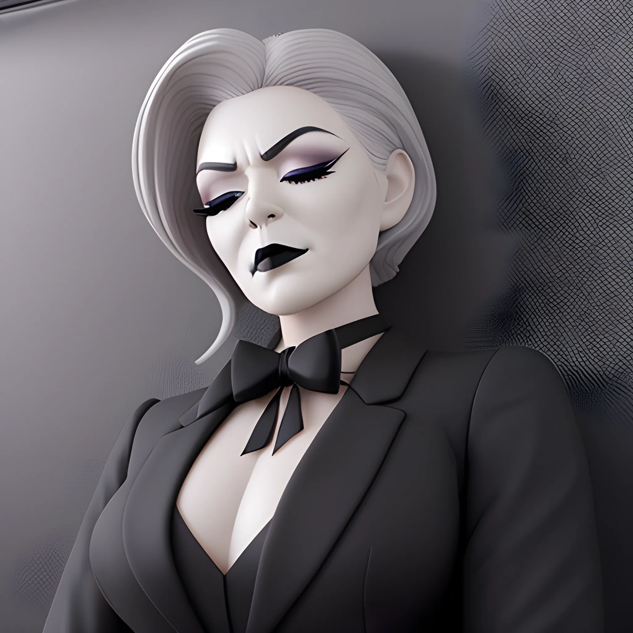 Beautiful fully gray haired shoulder length 123 year old business woman with black lipstick and eye makeup dressed in an all black business suit black long tie full body pose photo laying in a casket with eyes closed realistic 24k ultra realistic quality 3D no deformation