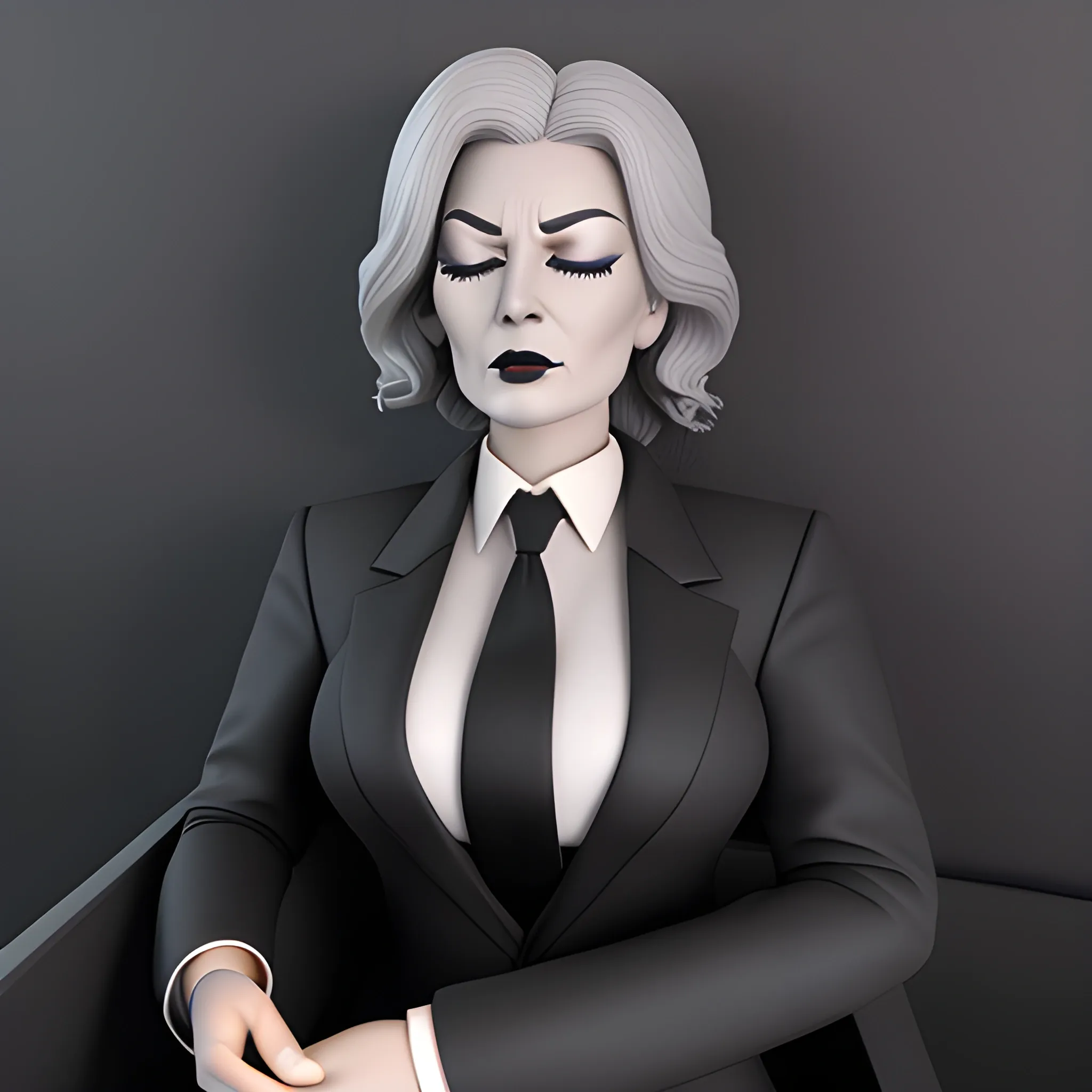 Beautiful fully gray haired shoulder length 123 year old business woman with black lipstick and eye makeup dressed in an all black business suit black long tie full body pose photo laying in a casket with eyes closed realistic 24k ultra realistic quality 3D no deformation