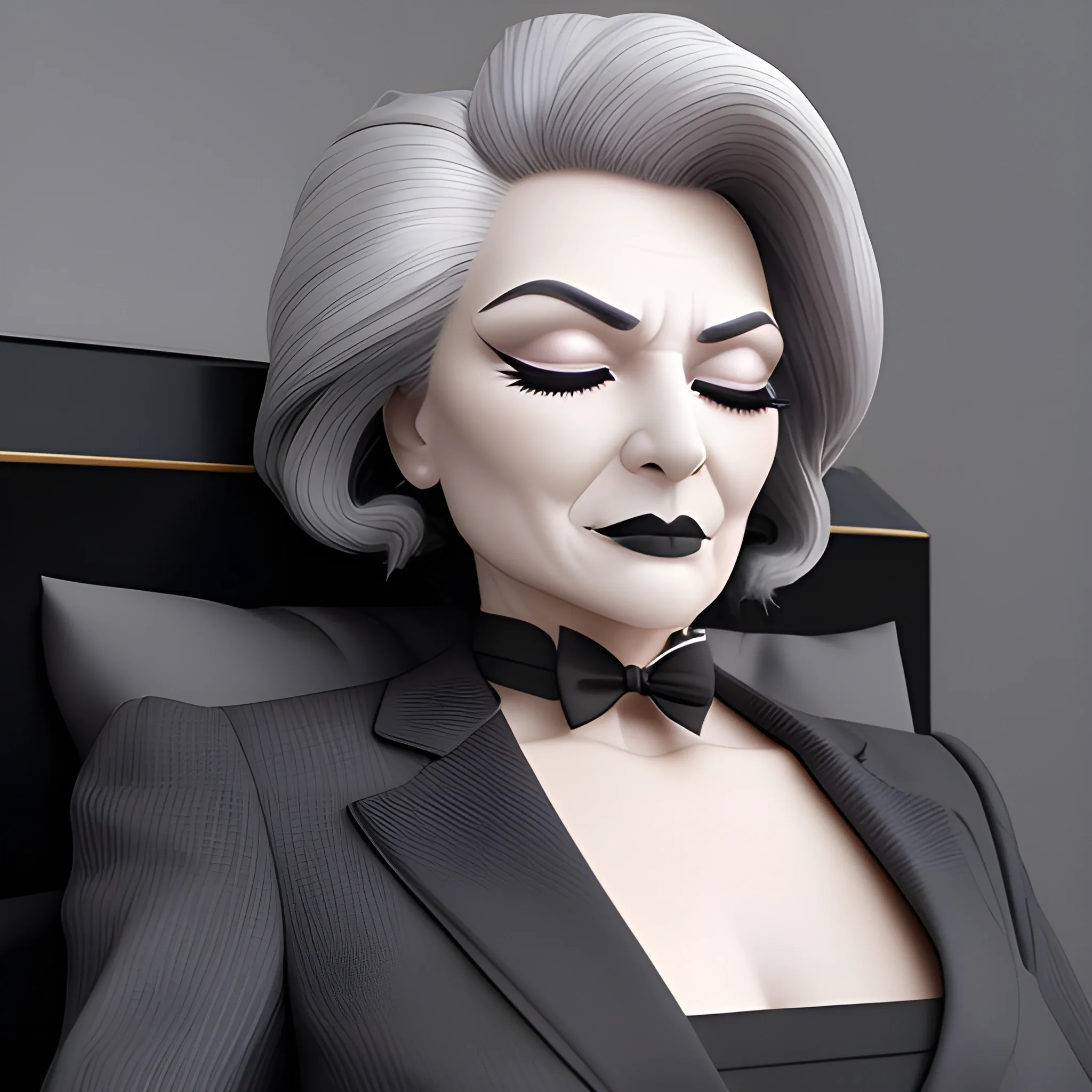 Beautiful fully gray haired shoulder length 123 year old business woman with black lipstick and eye makeup dressed in an all black business suit black long tie full body pose photo laying in a casket with eyes closed realistic 24k ultra realistic quality 3D no deformation