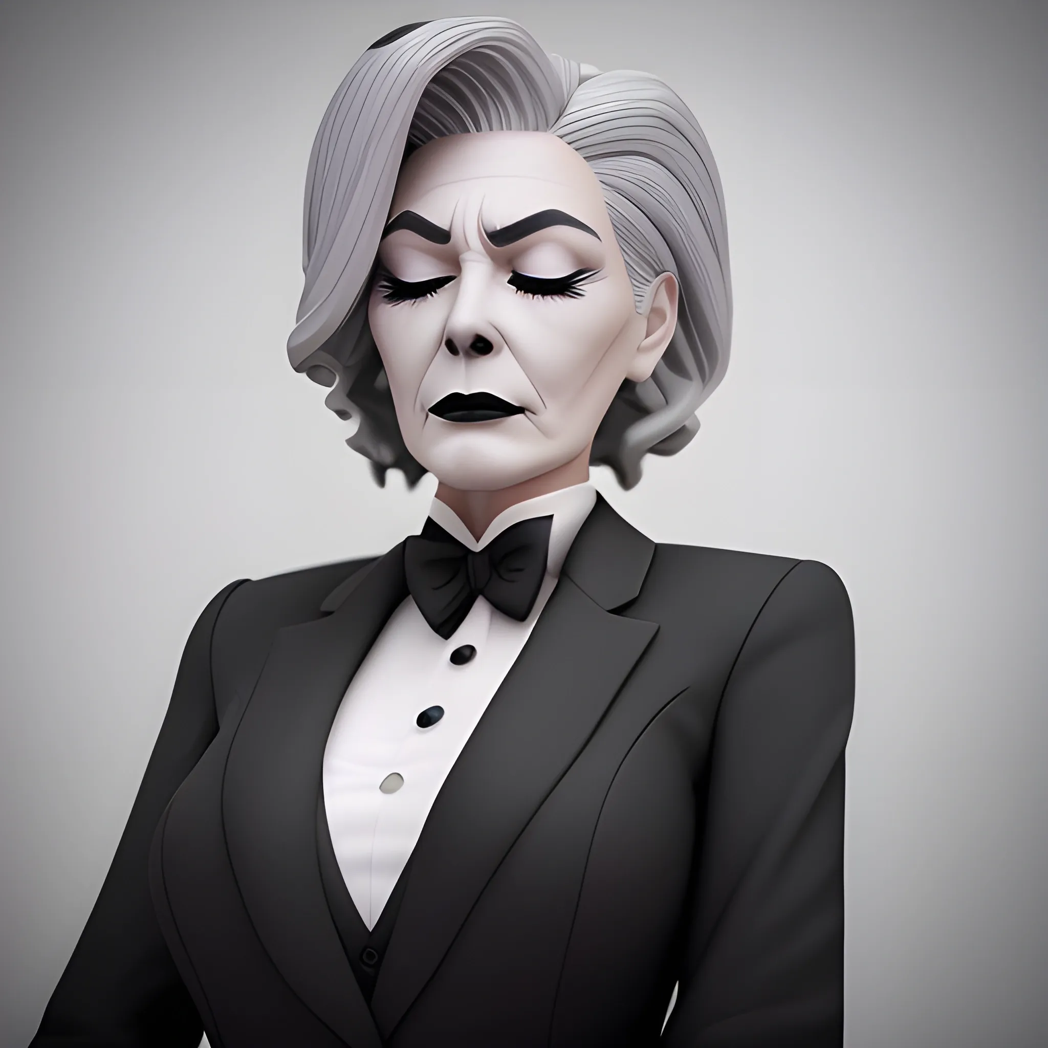 Beautiful fully gray haired shoulder length 123 year old business woman with black lipstick and eye makeup dressed in an all black business suit black long tie full body pose photo laying in a casket with eyes closed realistic 24k ultra realistic quality 3D no deformation