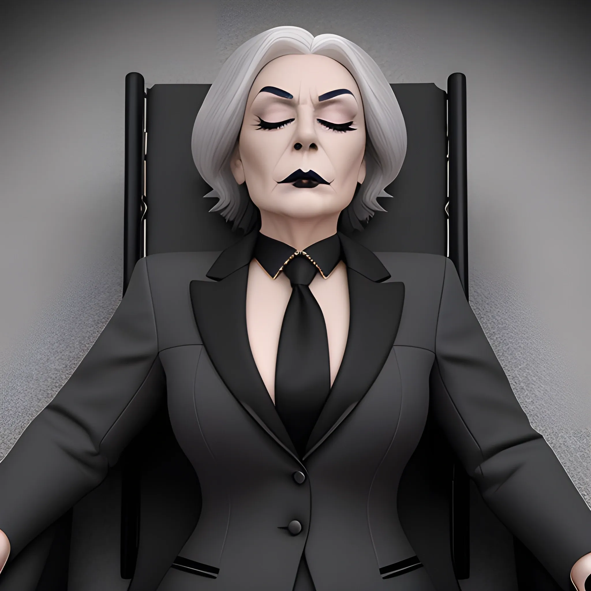 Beautiful fully gray haired shoulder length 123 year old business woman with black lipstick and eye makeup dressed in an all black business suit black long tie full body pose photo laying in a casket with eyes closed realistic 24k ultra realistic quality 3D no deformation