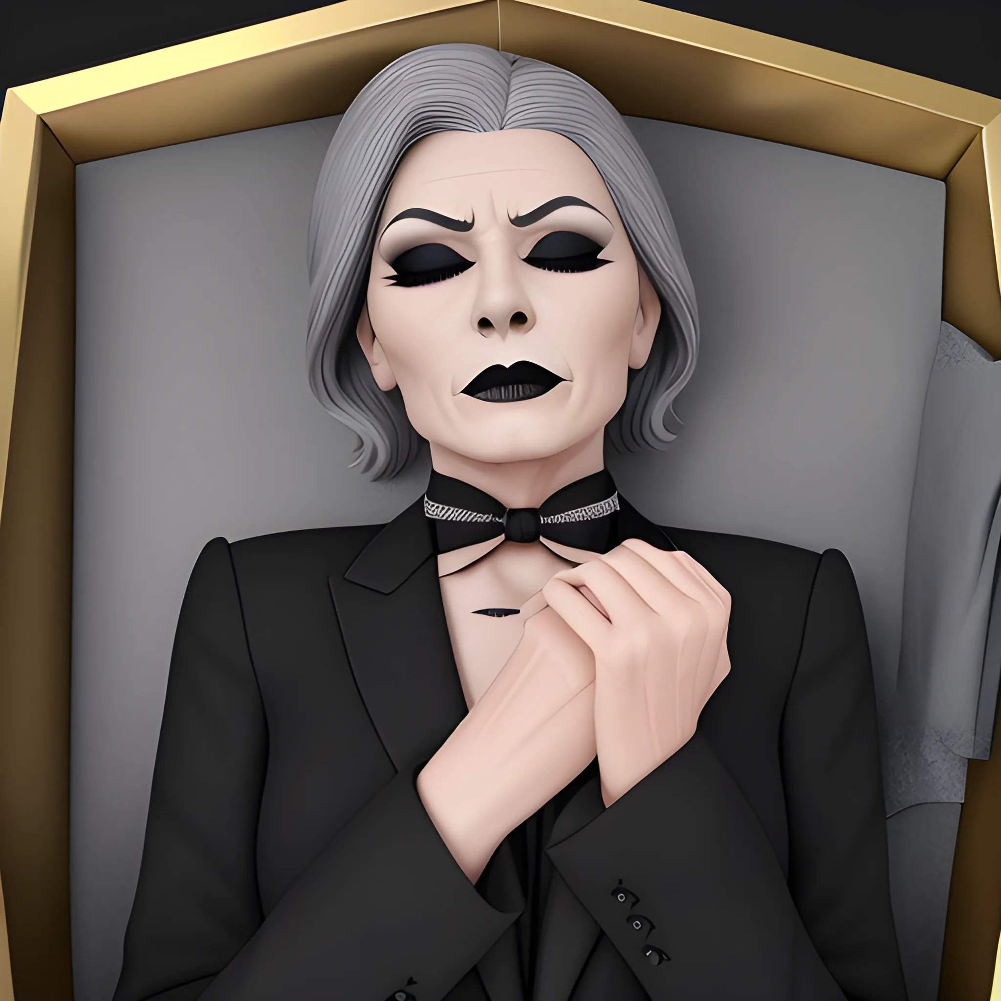 Beautiful fully gray haired shoulder length 123 year old business woman with black lipstick and eye makeup dressed in an all black business suit black long tie full body pose photo laying in a casket with eyes closed realistic 24k ultra realistic quality 3D no deformation