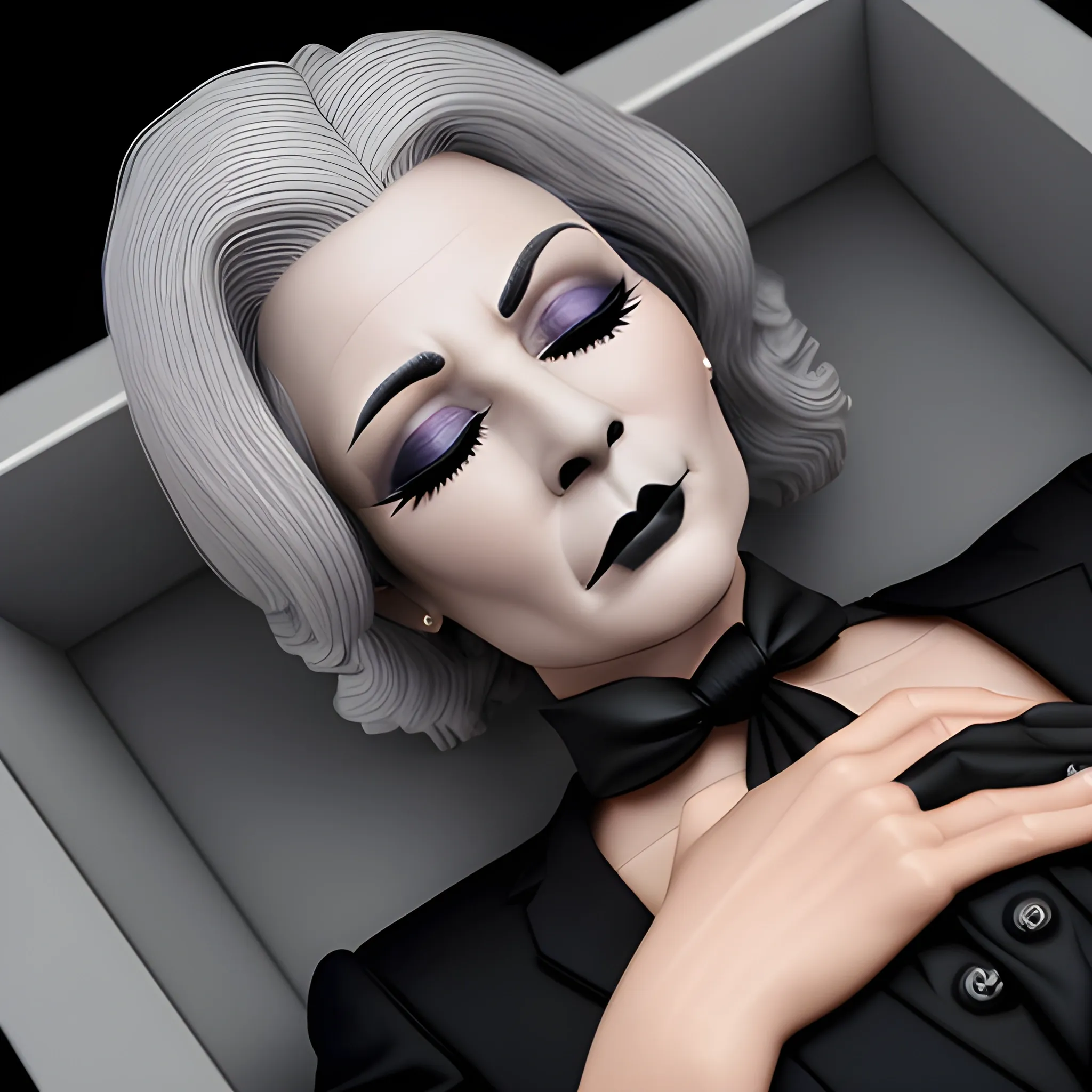 Beautiful fully gray haired shoulder length 123 year old business woman with black lipstick and eye makeup dressed in an all black business suit black long tie full body pose photo laying in a casket with eyes closed realistic 24k ultra realistic quality 3D no deformation