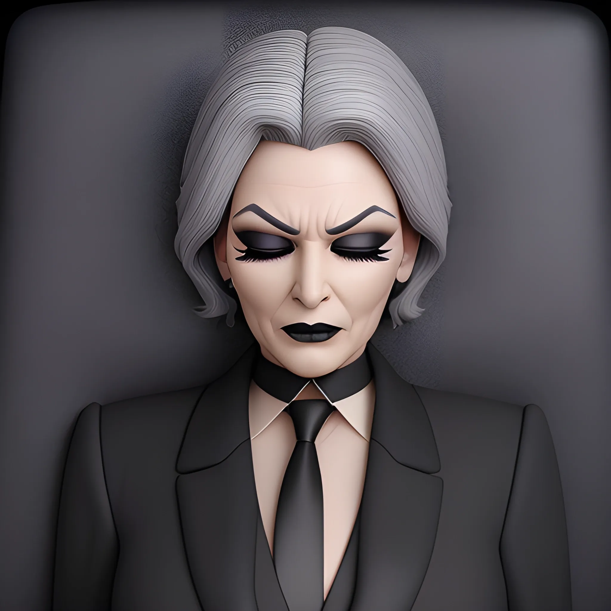 Beautiful fully gray haired shoulder length 123 year old business woman with black lipstick and eye makeup dressed in an all black business suit black long tie full body pose photo laying in a casket with eyes closed realistic 24k ultra realistic quality 3D no deformation