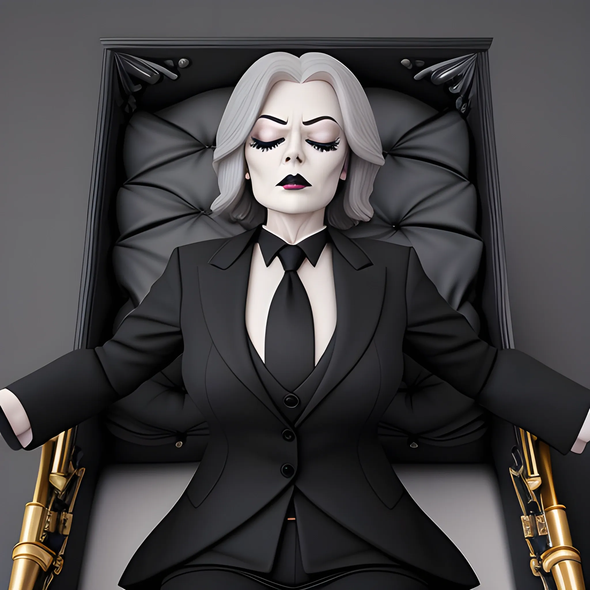 Beautiful fully gray haired shoulder length 123 year old business woman with black lipstick and eye makeup dressed in an all black business suit black long tie full body pose photo laying in a casket with eyes closed realistic 24k ultra realistic quality 3D no deformation