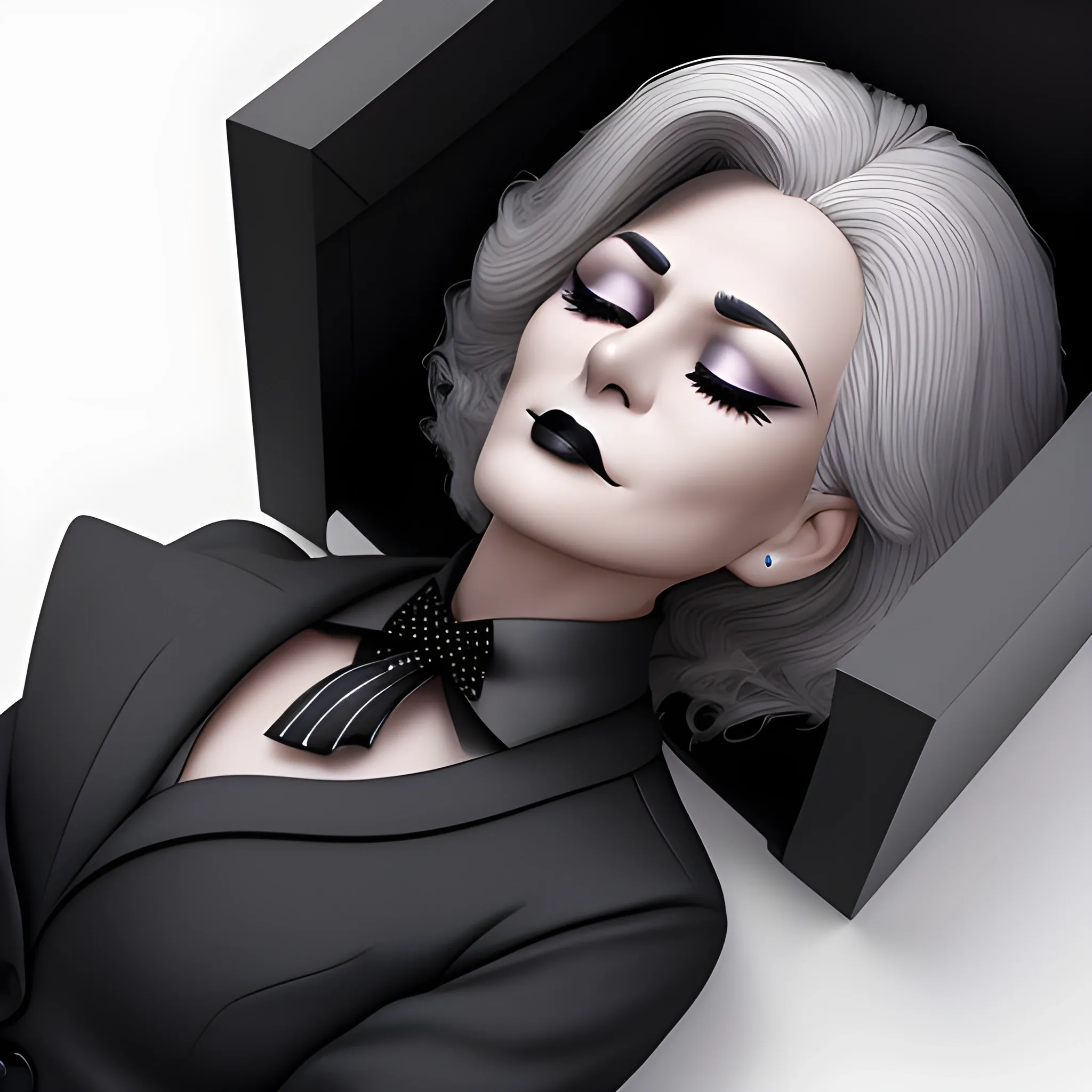 Beautiful fully gray haired shoulder length 123 year old business woman with black lipstick and eye makeup dressed in an all black business suit black long tie full body pose photo laying in a casket with eyes closed realistic 24k ultra realistic quality 3D no deformation