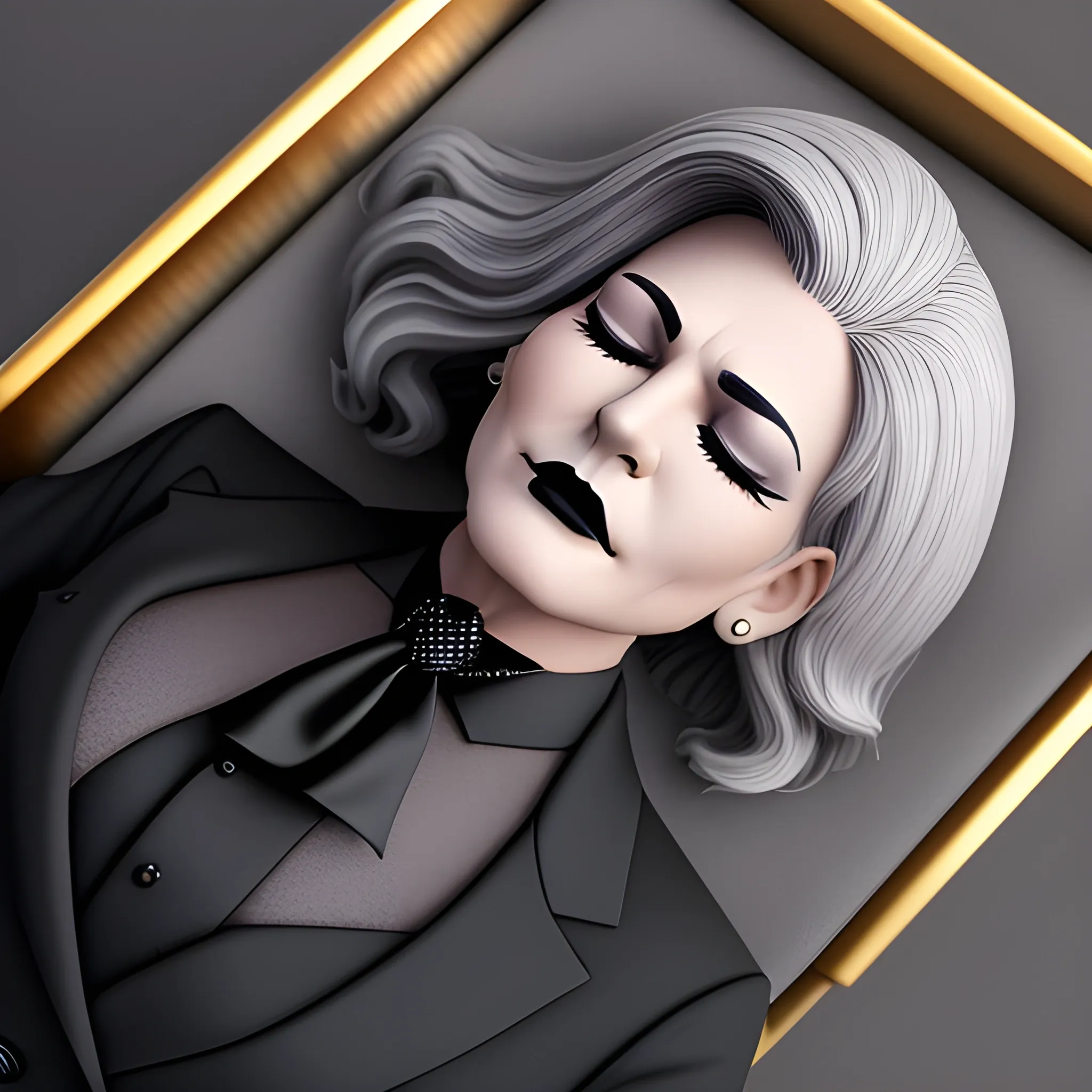 Beautiful fully gray haired shoulder length 123 year old business woman with black lipstick and eye makeup dressed in an all black business suit black long tie full body pose photo laying in a casket with eyes closed realistic 24k ultra realistic quality 3D no deformation