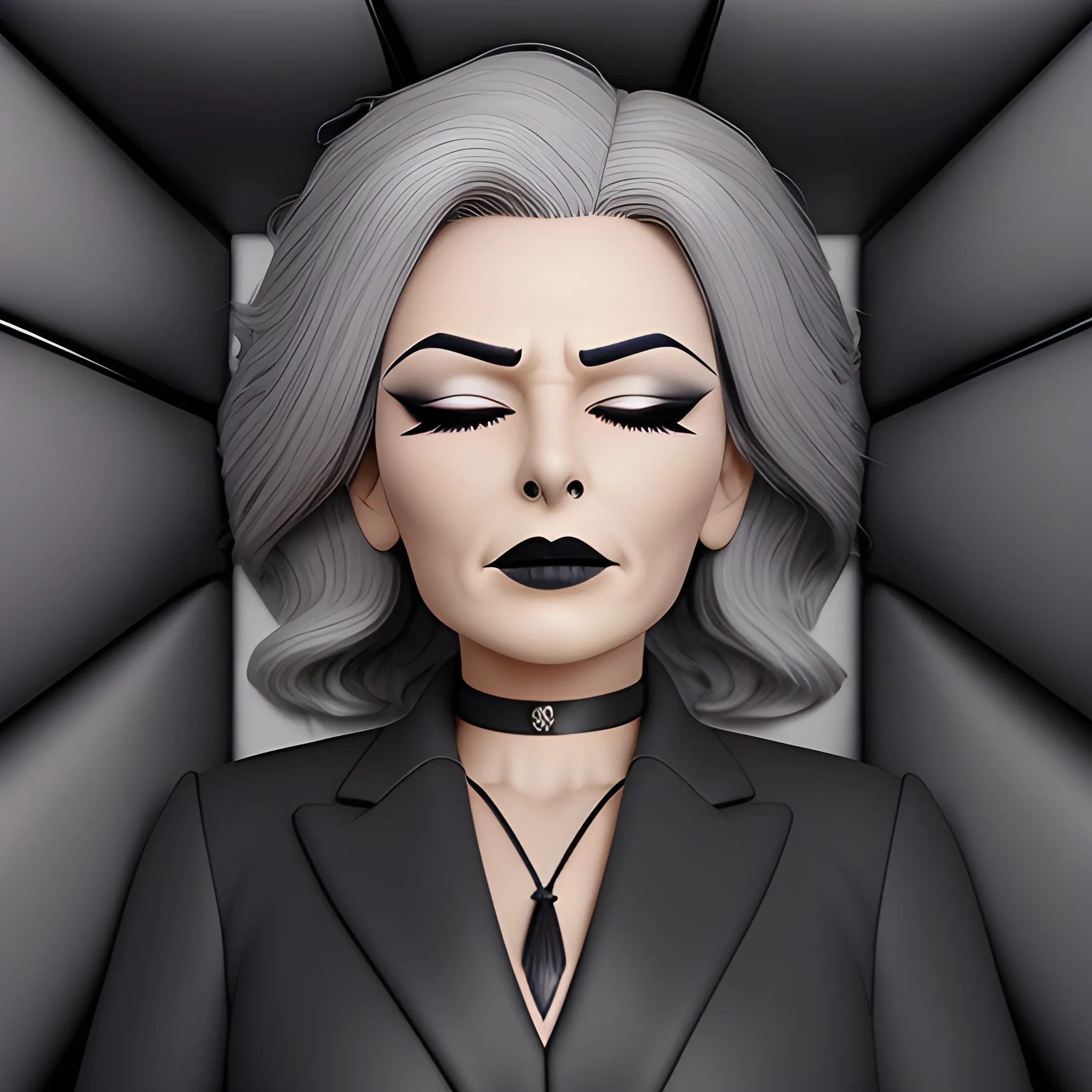 Beautiful fully gray haired shoulder length 123 year old business woman with black lipstick and eye makeup dressed in an all black business suit black long tie full body pose photo laying in a casket with eyes closed realistic 24k ultra realistic quality 3D no deformation