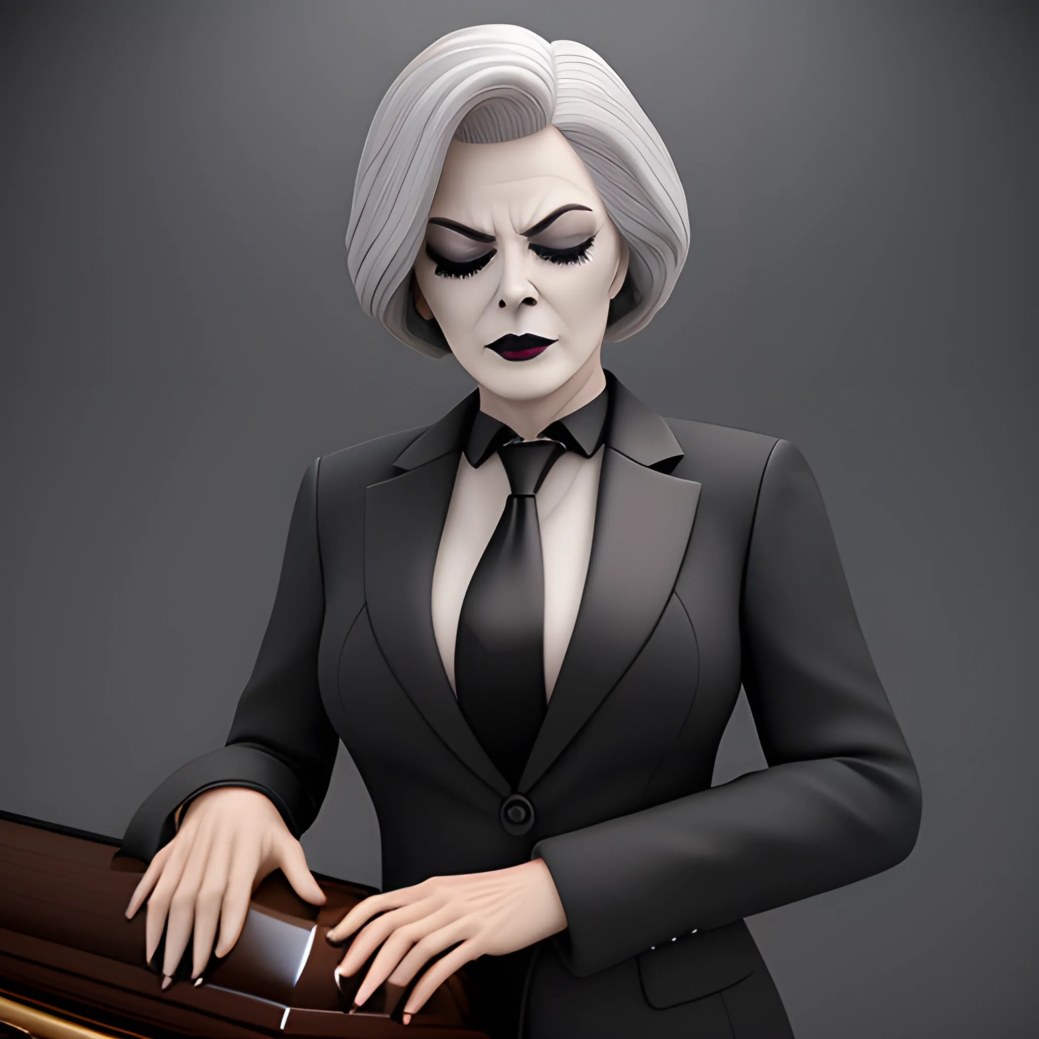 Beautiful fully gray haired shoulder length 123 year old business woman with black lipstick and eye makeup dressed in an all black business suit black long tie full body pose photo laying in a casket with eyes closed realistic 24k ultra realistic quality 3D no deformation