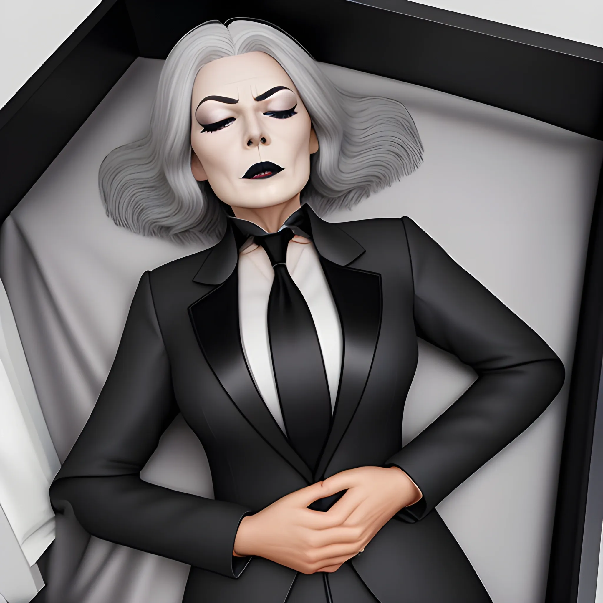 Beautiful fully gray haired shoulder length 123 year old business woman with black lipstick and eye makeup dressed in an all black business suit black long tie full body pose photo laying in a casket with eyes closed realistic 24k ultra realistic quality 3D no deformation