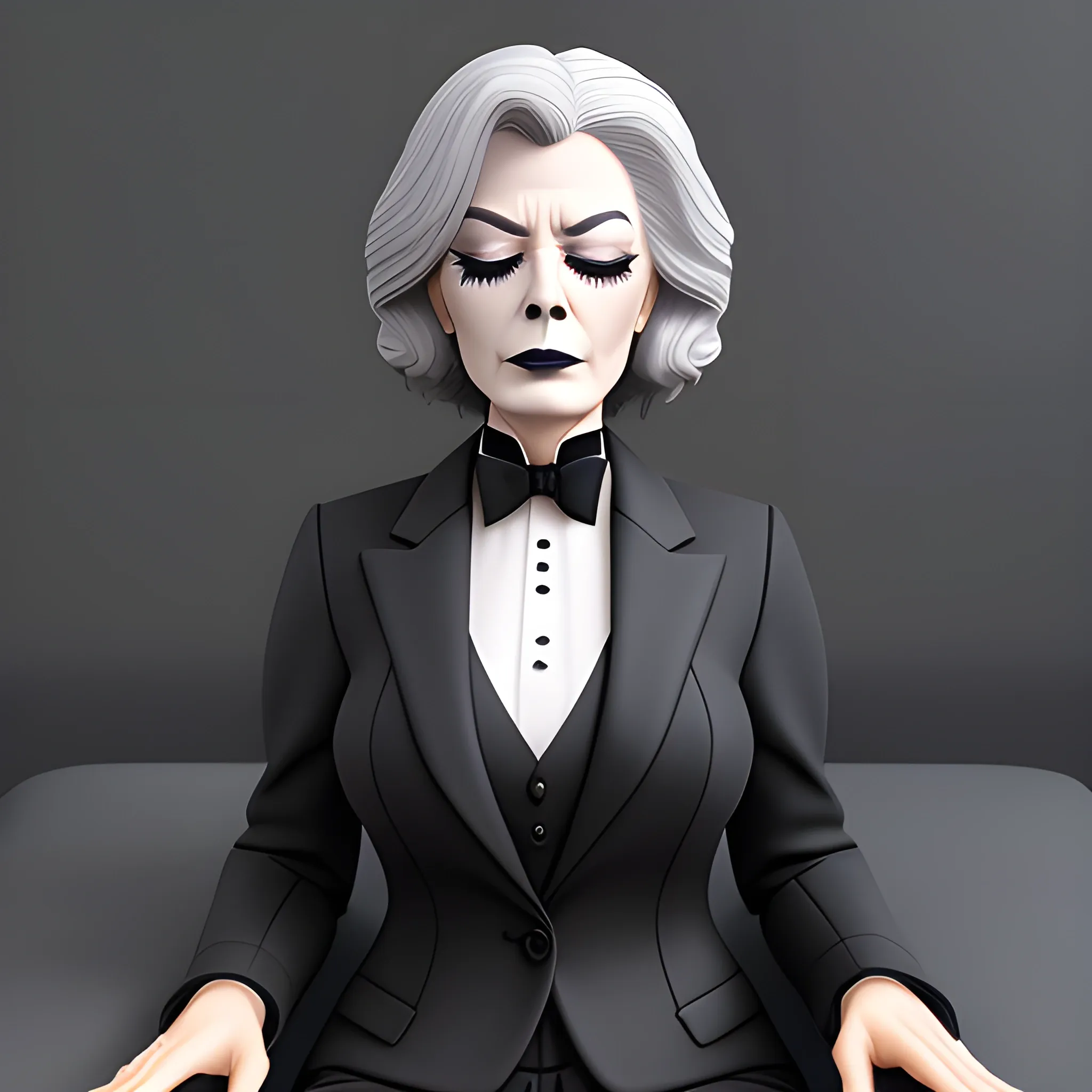 Beautiful fully gray haired shoulder length 123 year old business woman with black lipstick and eye makeup dressed in an all black business suit black long tie full body pose photo laying in a casket with eyes closed realistic 24k ultra realistic quality 3D no deformation