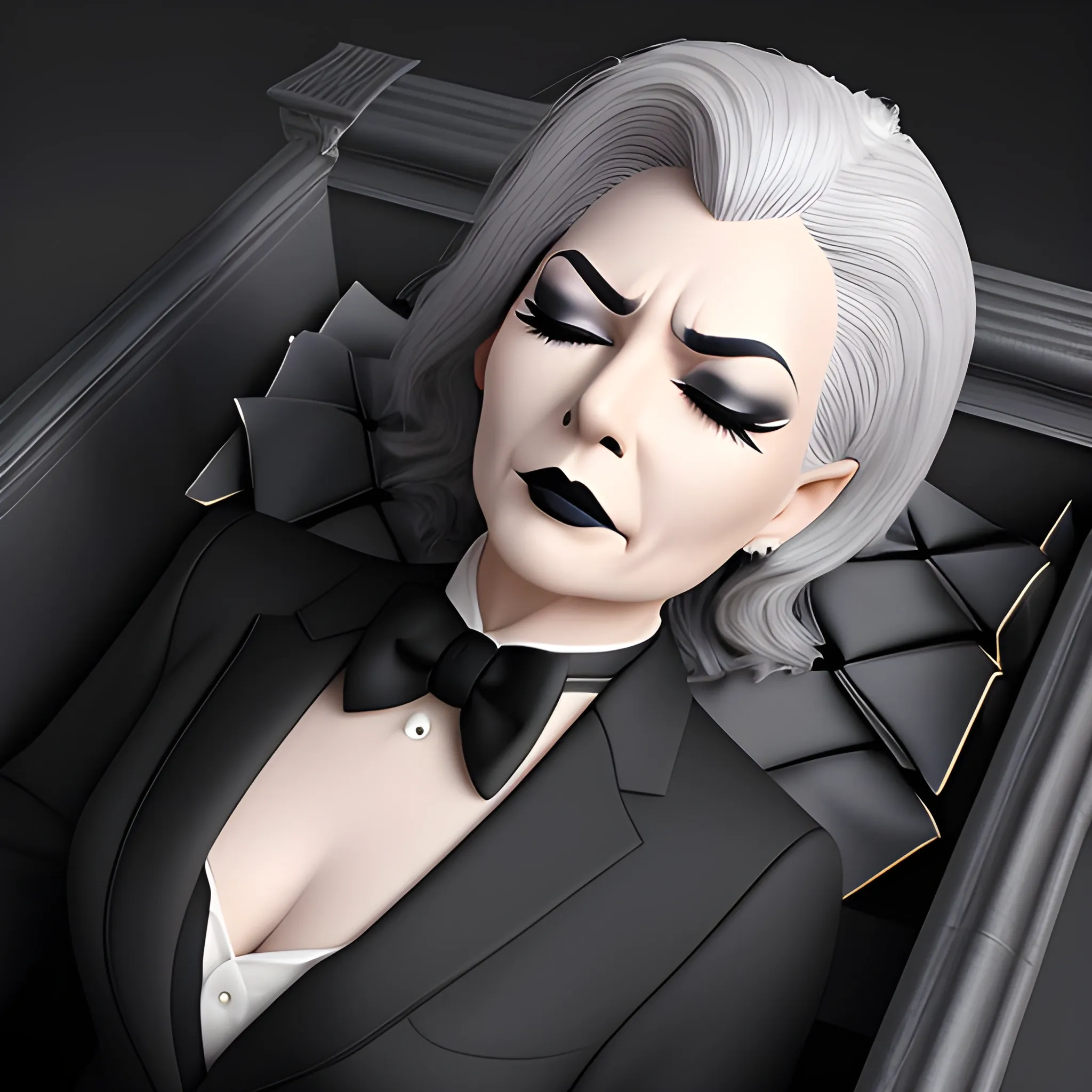 Beautiful fully gray haired shoulder length 123 year old business woman with black lipstick and eye makeup dressed in an all black business suit black long tie full body pose photo laying in a casket with eyes closed realistic 24k ultra realistic quality 3D no deformation