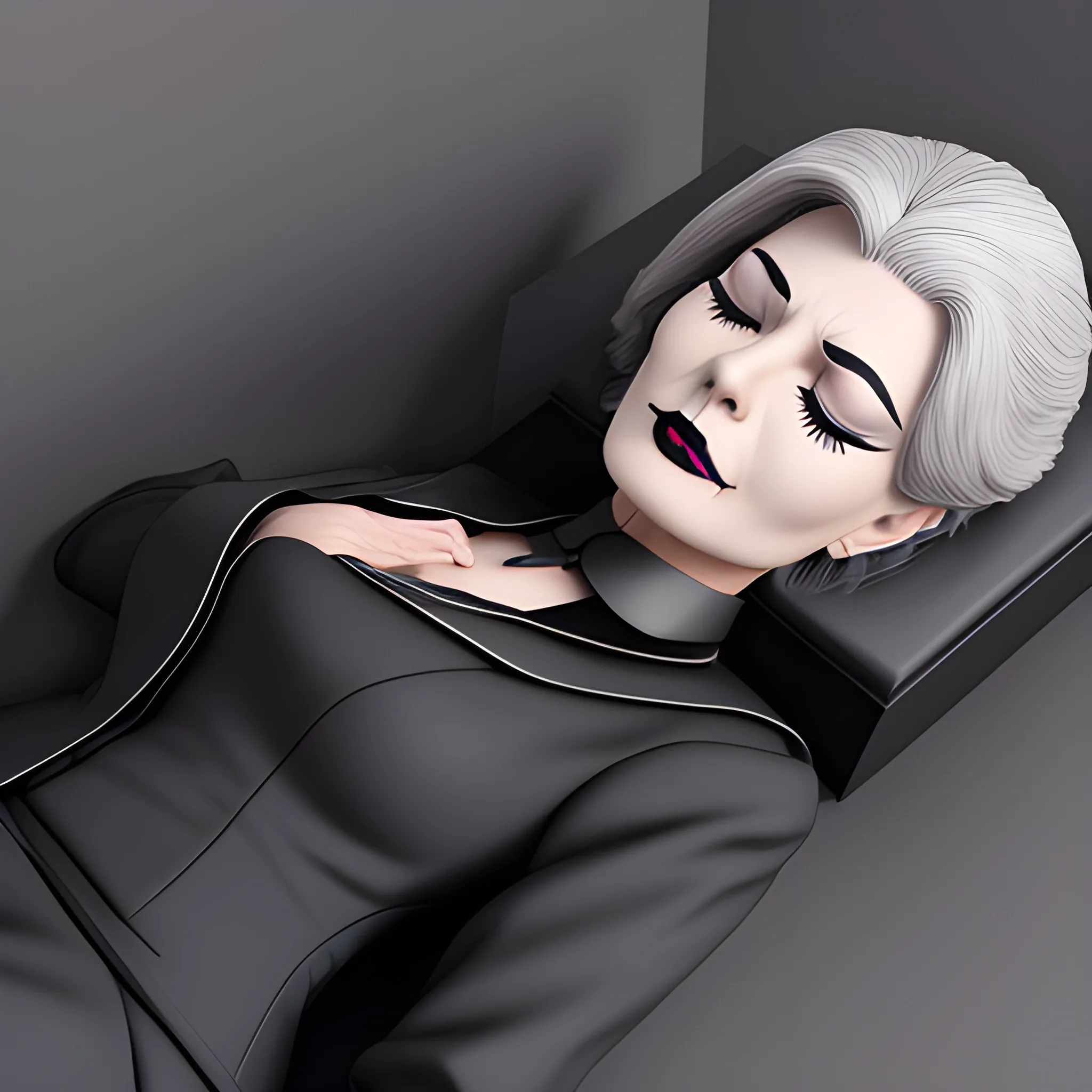 Beautiful fully gray haired shoulder length 123 year old business woman with black lipstick and eye makeup dressed in an all black business suit black long tie full body pose photo laying in a casket with eyes closed realistic 24k ultra realistic quality 3D no deformation