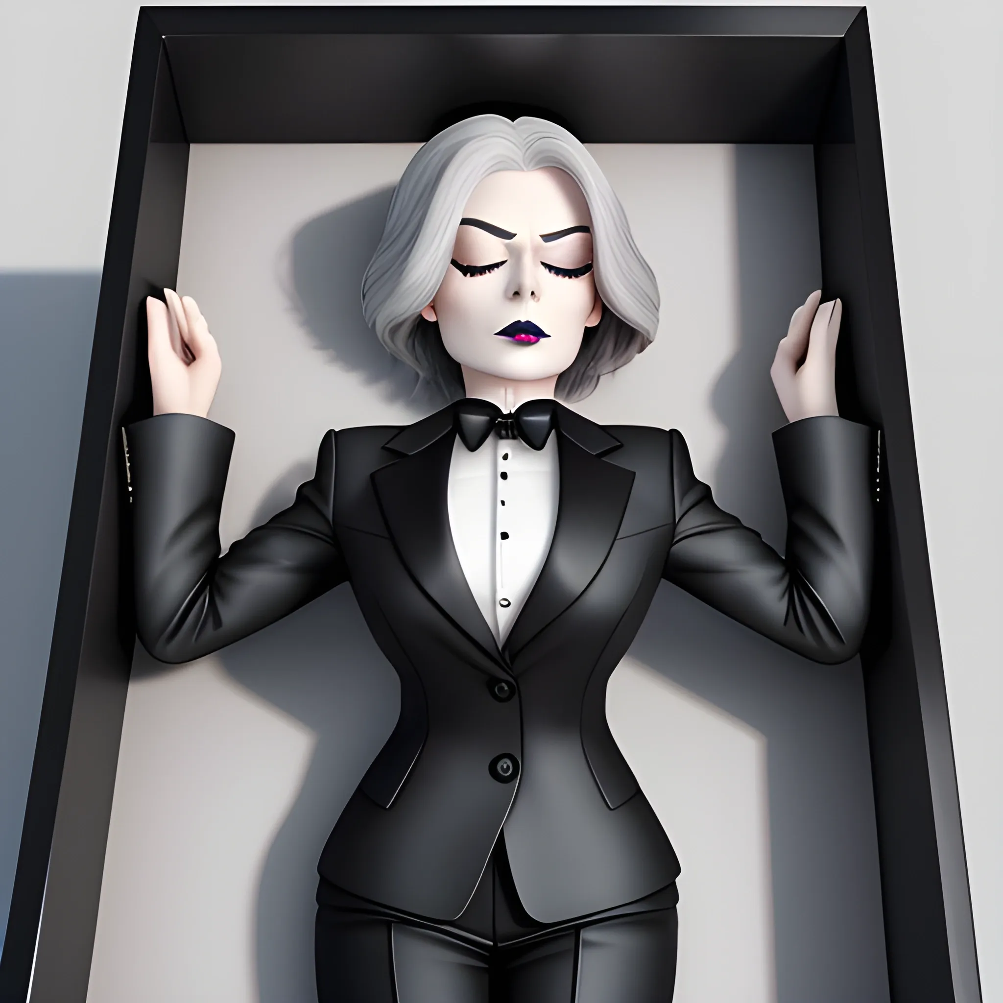 Beautiful fully gray haired shoulder length 123 year old business woman with black lipstick and eye makeup dressed in an all black business suit black long tie full body pose photo laying in a casket with eyes closed realistic 24k ultra realistic quality 3D no deformation