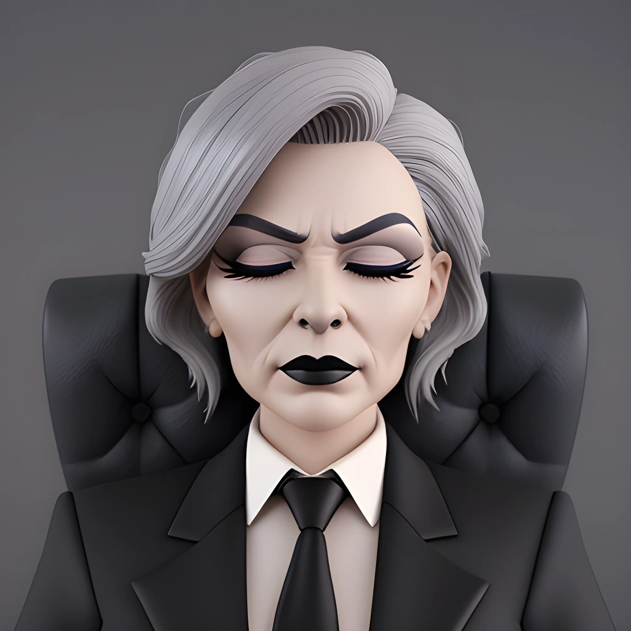 Beautiful fully gray haired shoulder length 123 year old business woman with black lipstick and eye makeup dressed in an all black business suit black long tie full body pose photo laying in a casket with eyes closed realistic 24k ultra realistic quality 3D no deformation