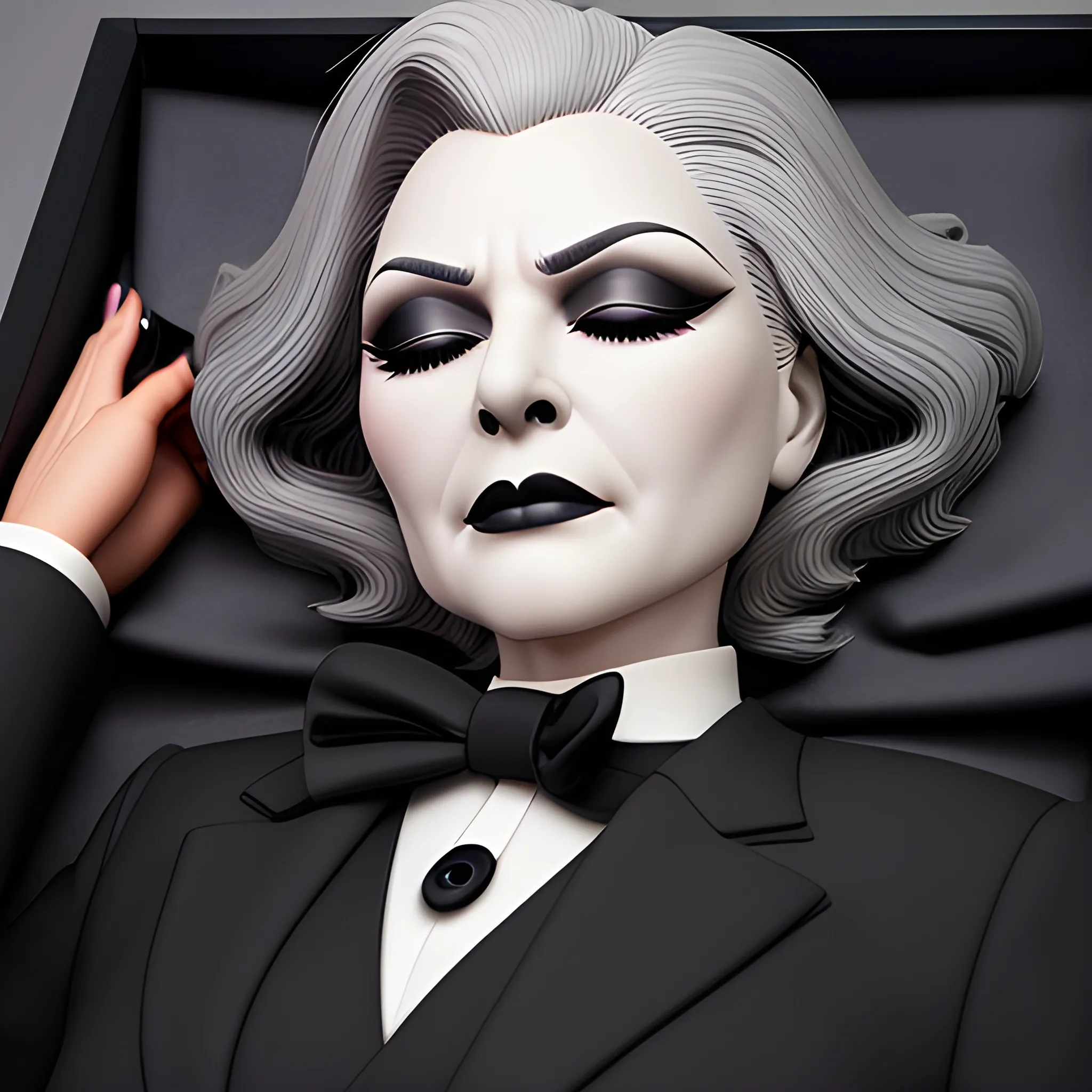 Beautiful fully gray haired shoulder length 123 year old business woman with black lipstick and eye makeup dressed in an all black business suit black long tie full body pose photo laying in a casket with eyes closed realistic 24k ultra realistic quality 3D no deformation