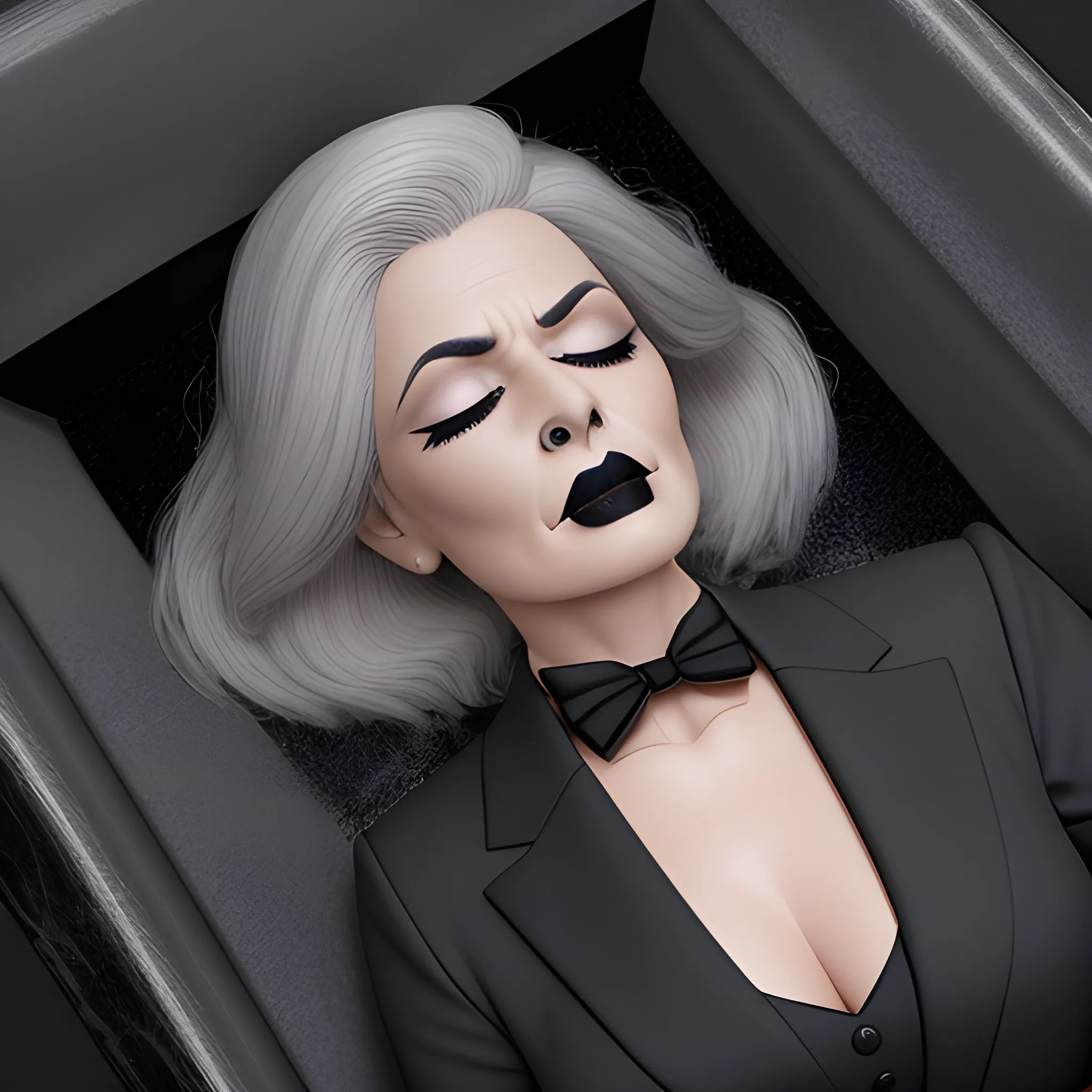 Beautiful fully gray haired shoulder length 123 year old business woman with black lipstick and eye makeup dressed in an all black business suit black long tie full body pose photo laying in a casket with eyes closed realistic 24k ultra realistic quality 3D no deformation