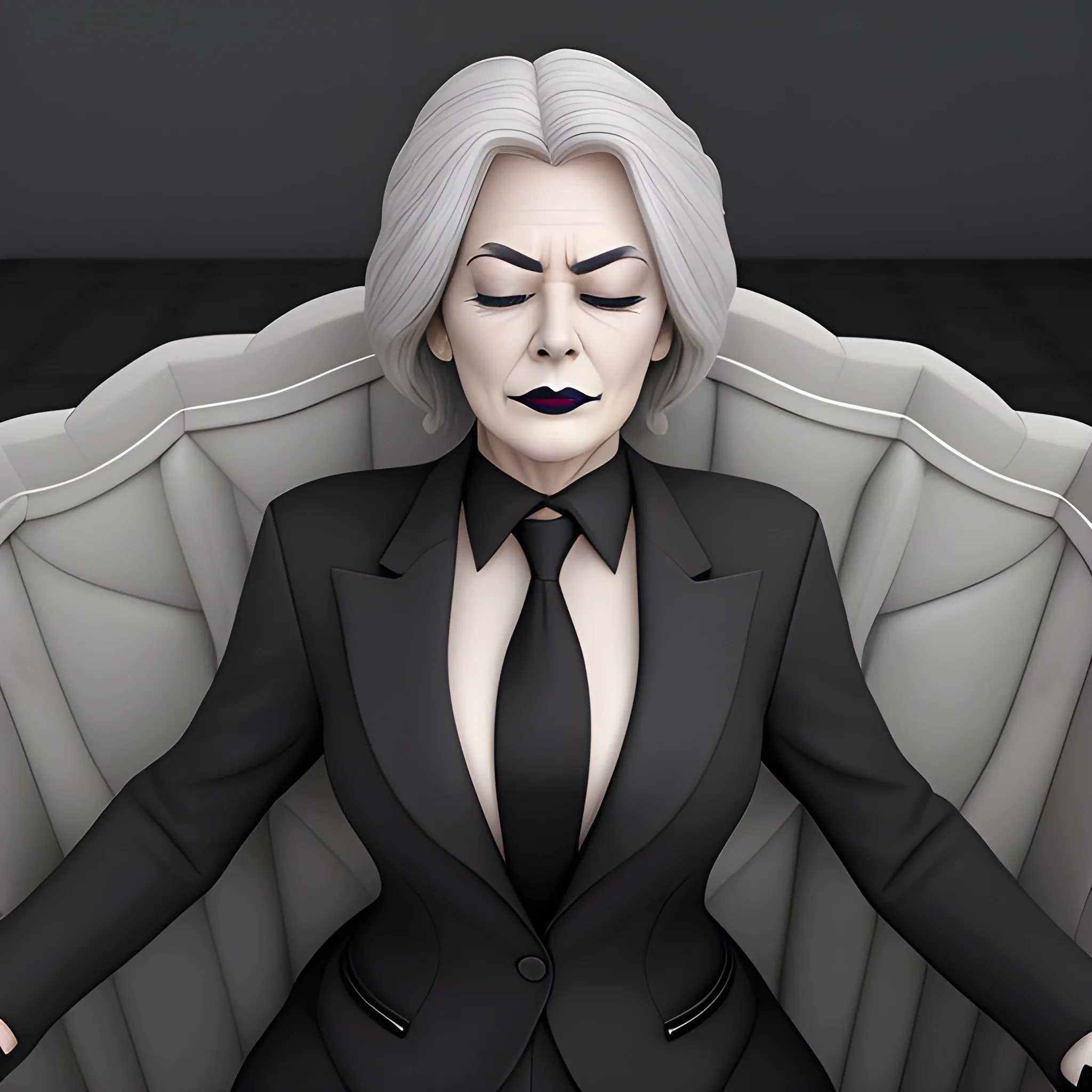 Beautiful fully gray haired shoulder length 123 year old business woman with black lipstick and eye makeup dressed in an all black business suit black long tie full body pose photo laying in a casket with eyes closed realistic 24k ultra realistic quality 3D no deformation