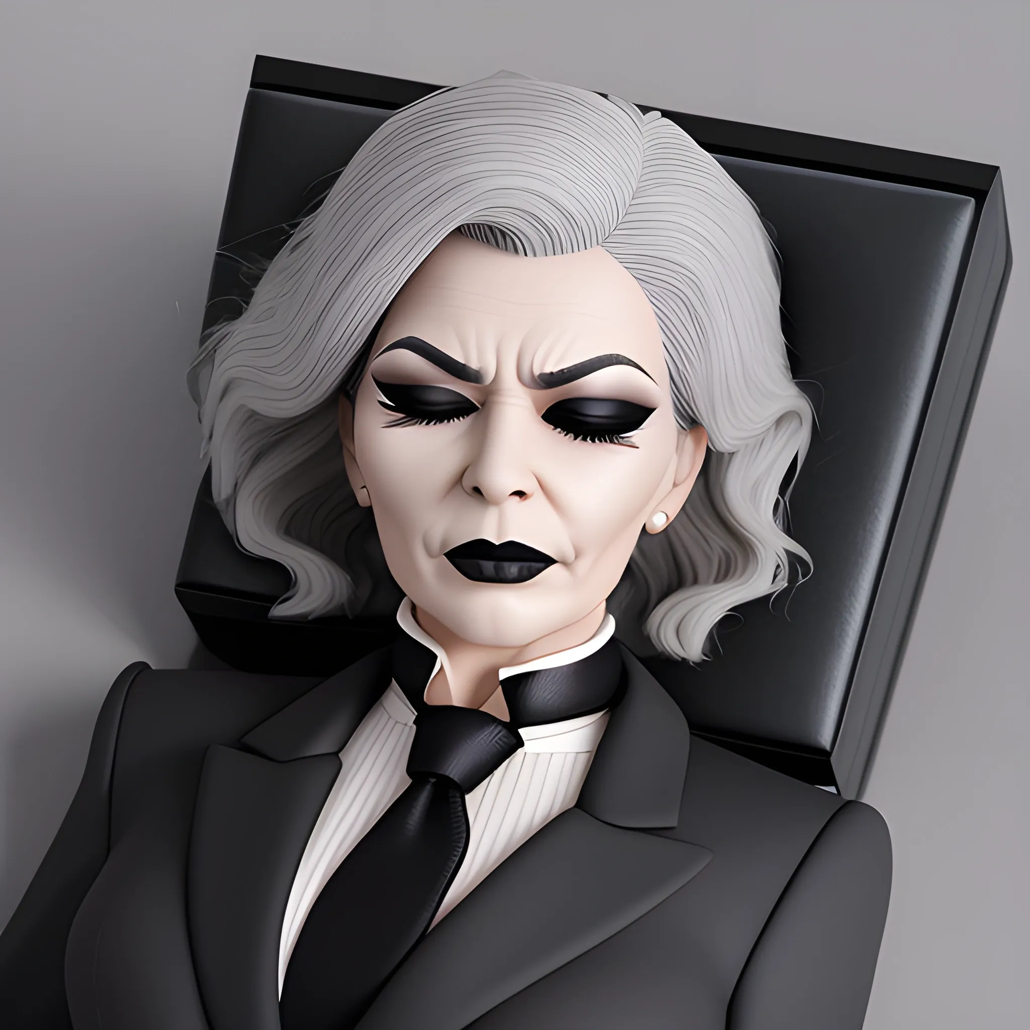 Beautiful fully gray haired shoulder length 123 year old business woman with black lipstick and eye makeup dressed in an all black business suit black long tie full body pose photo laying in a casket with eyes closed realistic 24k ultra realistic quality 3D no deformation