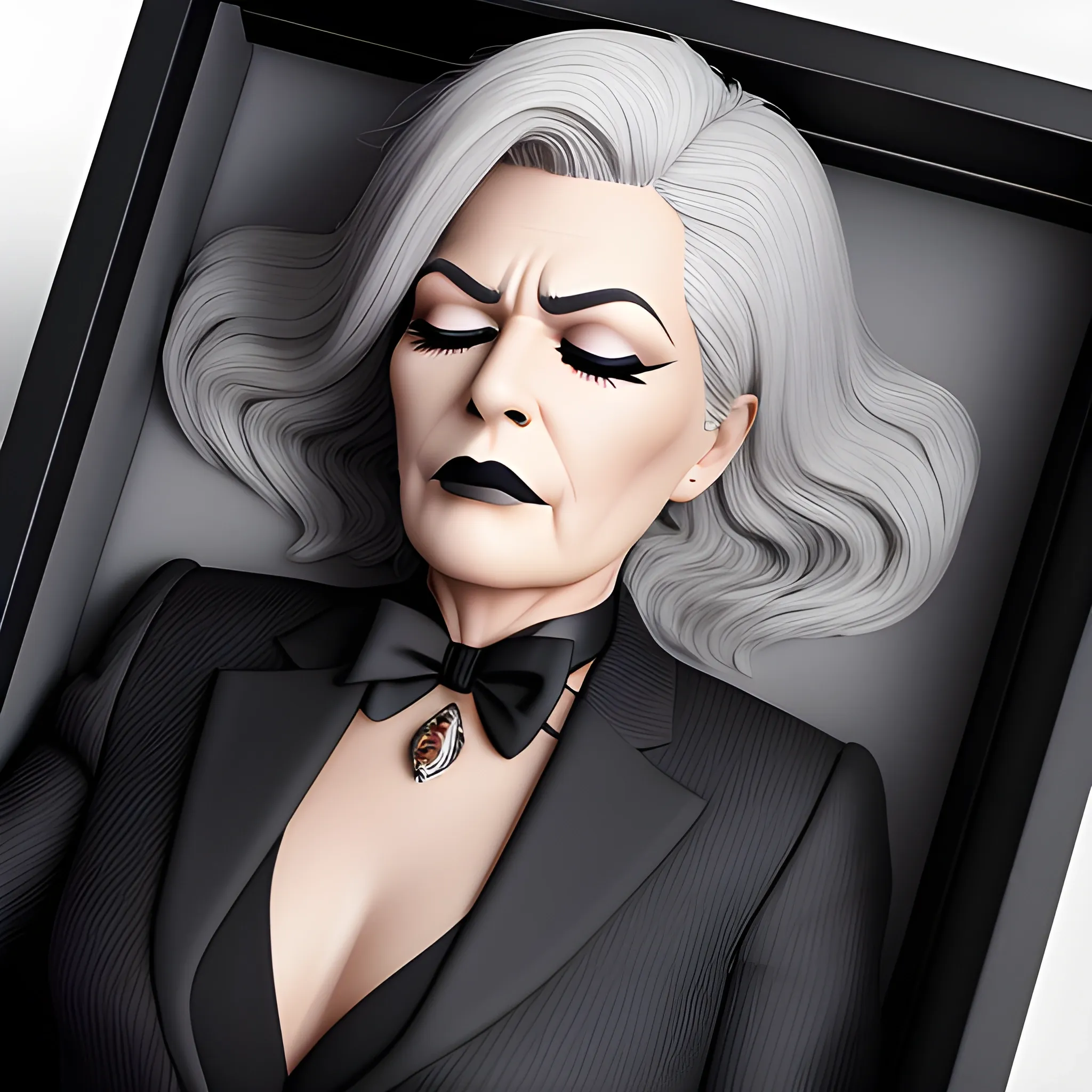Beautiful fully gray haired shoulder length 123 year old business woman with black lipstick and eye makeup dressed in an all black business suit black long tie full body pose photo laying in a casket with eyes closed realistic 24k ultra realistic quality 3D no deformation