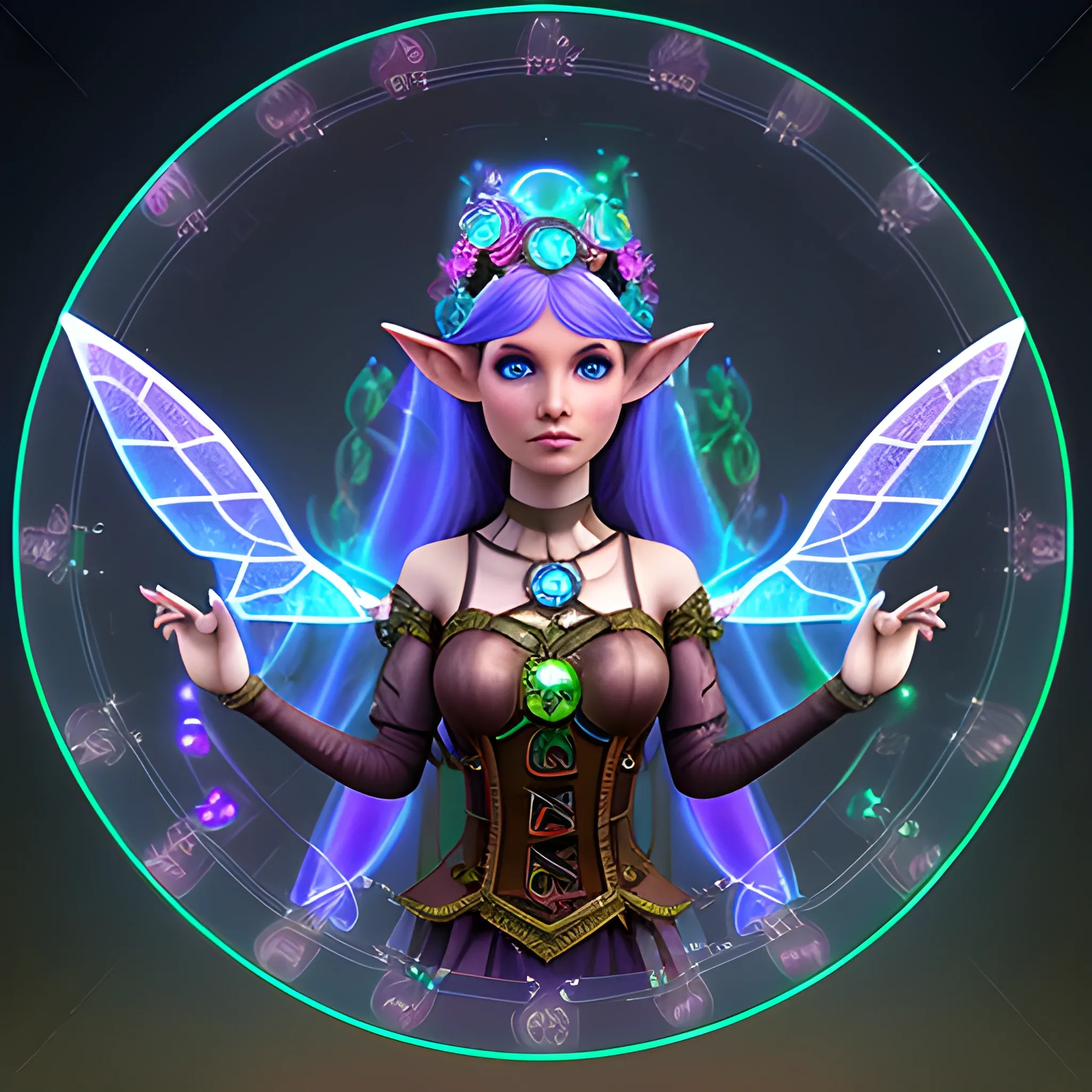 Elf woman, hologram, on virtual village steampunk, generate magic and Fairys