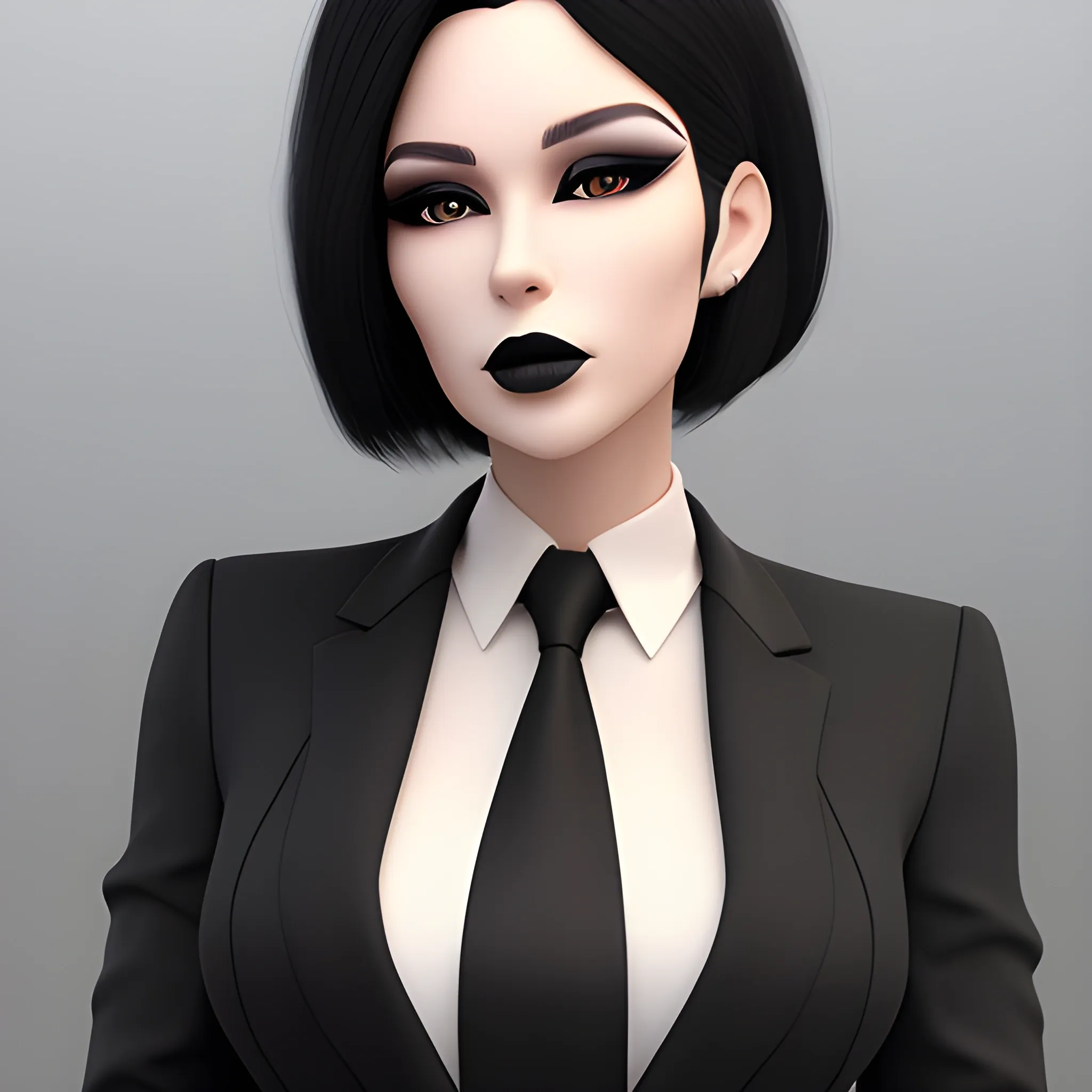 Beautiful fully black haired shoulder length business woman with black lipstick and eye makeup dressed in fancy all black business suit black long tie fancy all black dress shirt full body pose photo realistic 24k ultra realistic quality 3D no deformation