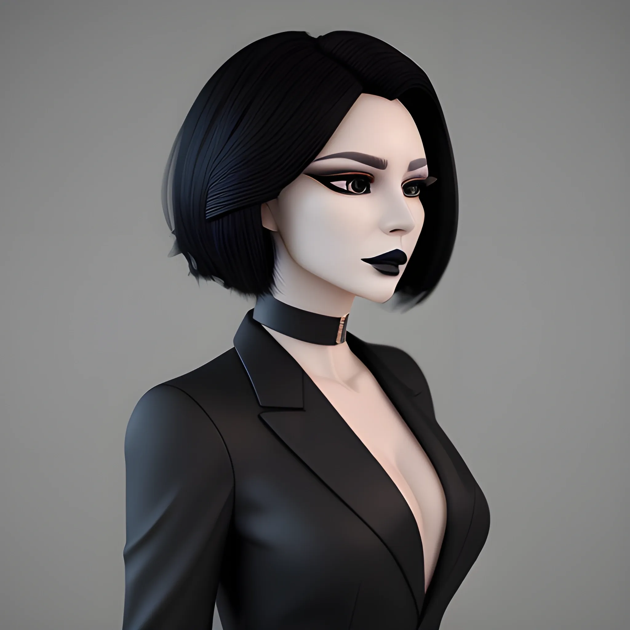 Beautiful fully black haired shoulder length business woman with black lipstick and eye makeup dressed in fancy all black funeral suit black long tie fancy all black dress shirt full body pose photo realistic 24k ultra realistic quality 3D no deformation