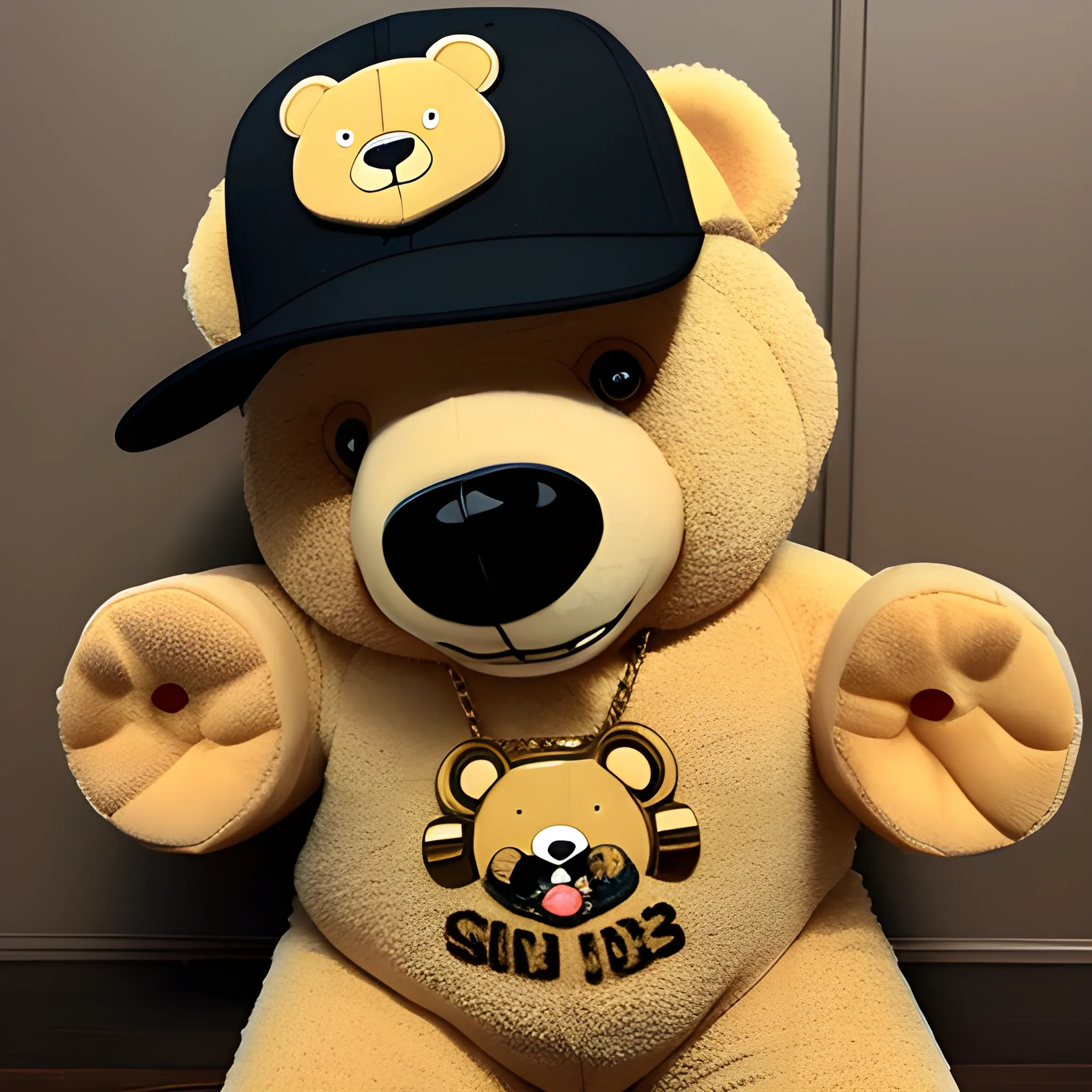 cartoonish Teddy Bear Wearing Hip Hop Outfit ,snap back hat, gold chain