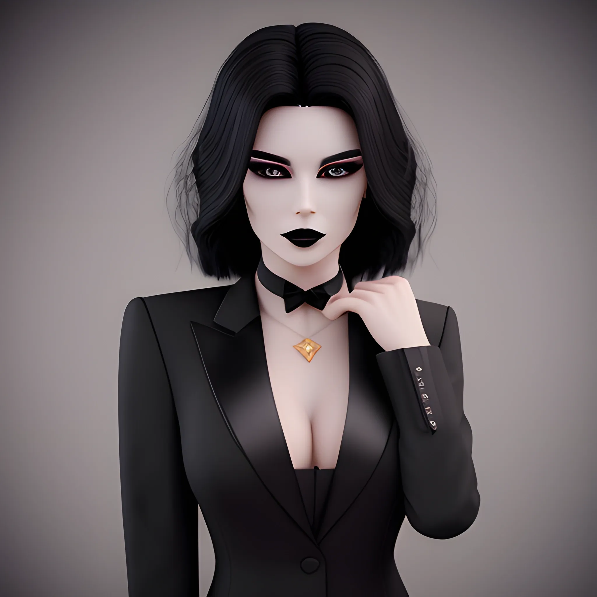 Beautiful fully black haired shoulder length business woman with black lipstick and eye makeup dressed in fancy all black funeral suit black long tie fancy all black dress shirt full body pose photo realistic 24k ultra realistic quality 3D no deformation