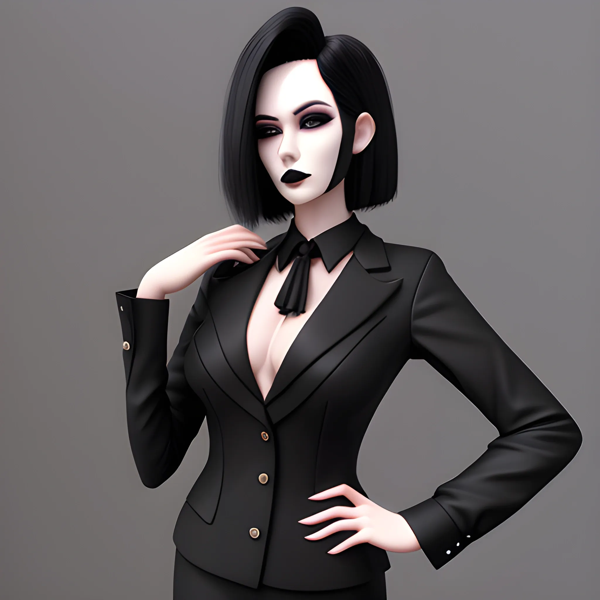 Beautiful fully black haired shoulder length business woman with black lipstick and eye makeup dressed in fancy all black funeral suit black long tie fancy all black button up dress shirt full body pose photo realistic 24k ultra realistic quality 3D no deformation