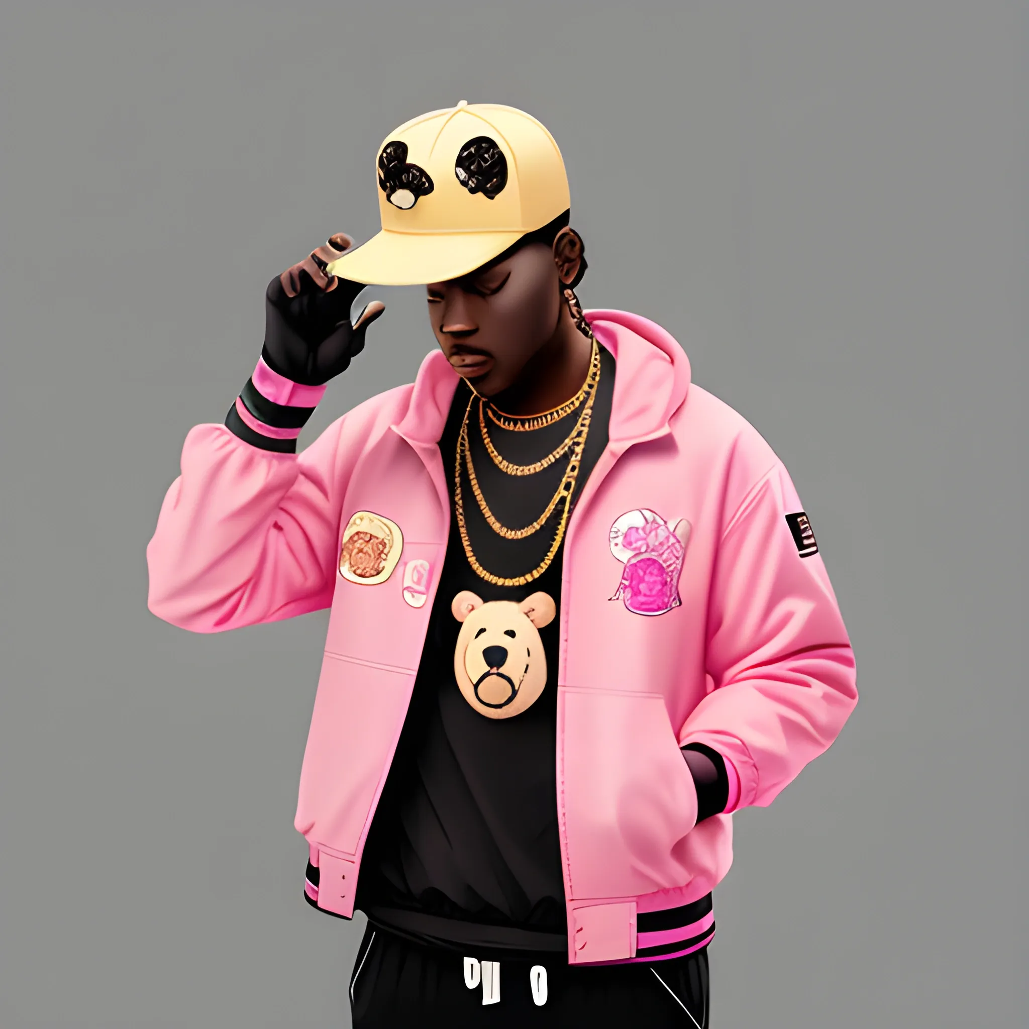 bear whring hiphop hat and a jacket,  gold chain, snap back hat, whereing sneakers pink outfit, vector