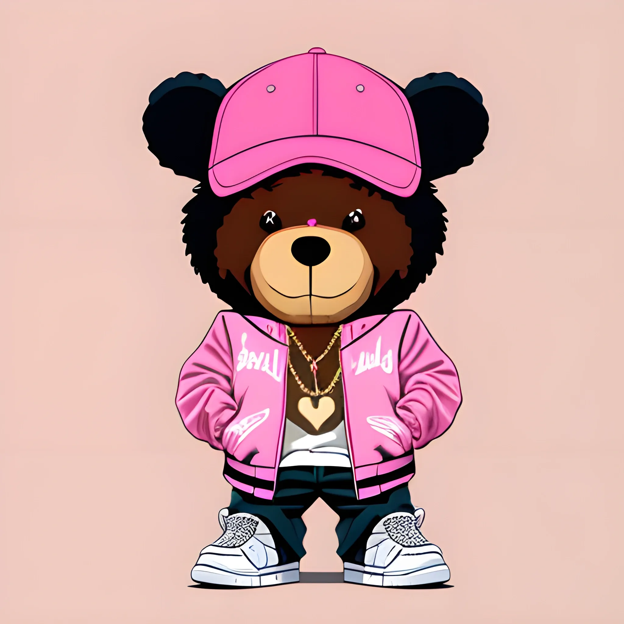 teddy bear whering hiphop hat and a jacket,  gold chain, snap back hat, whereing sneakers pink outfit, vector