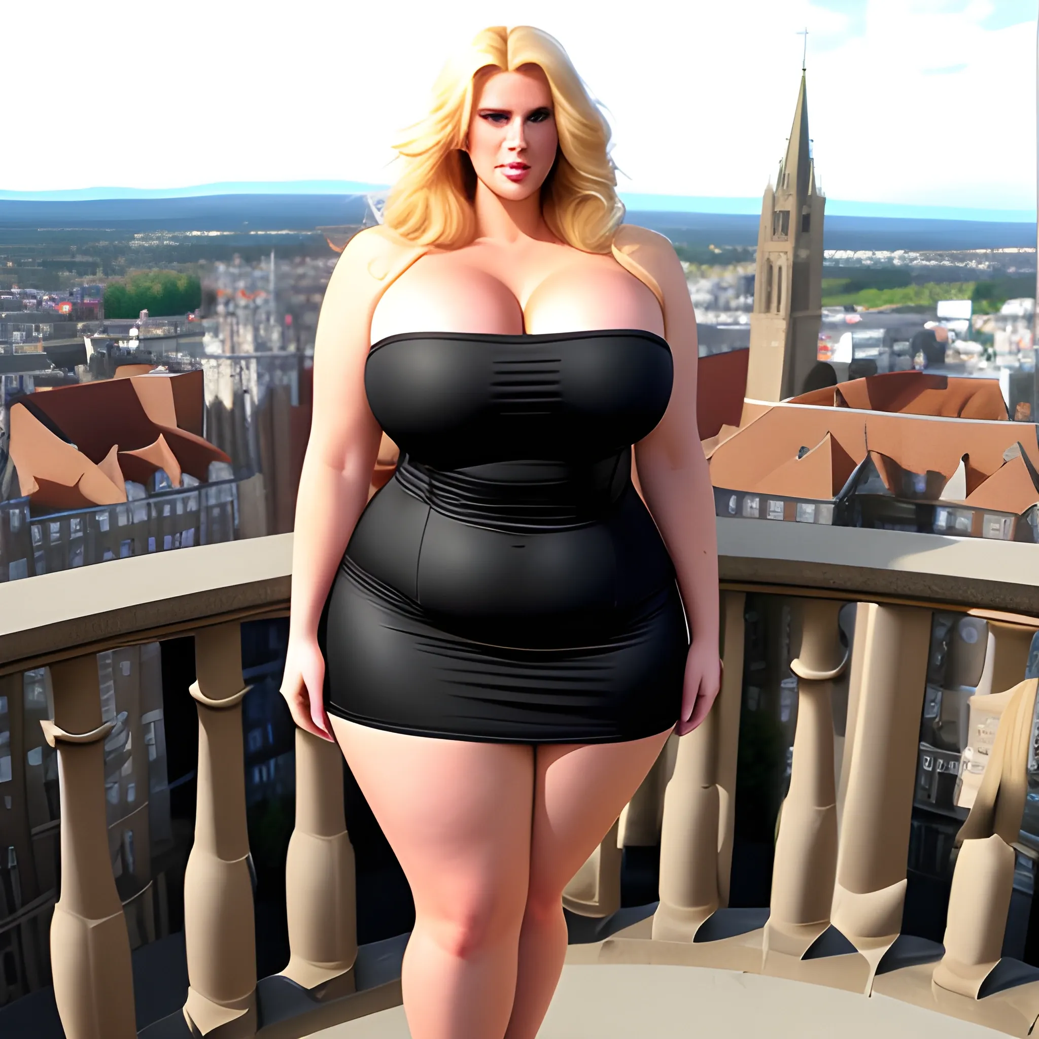 huge and very tall friendly blonde plus size girl with small head and broad shoulders, not curvy but massive, on busy schoolyard towerring among other students and teachers 