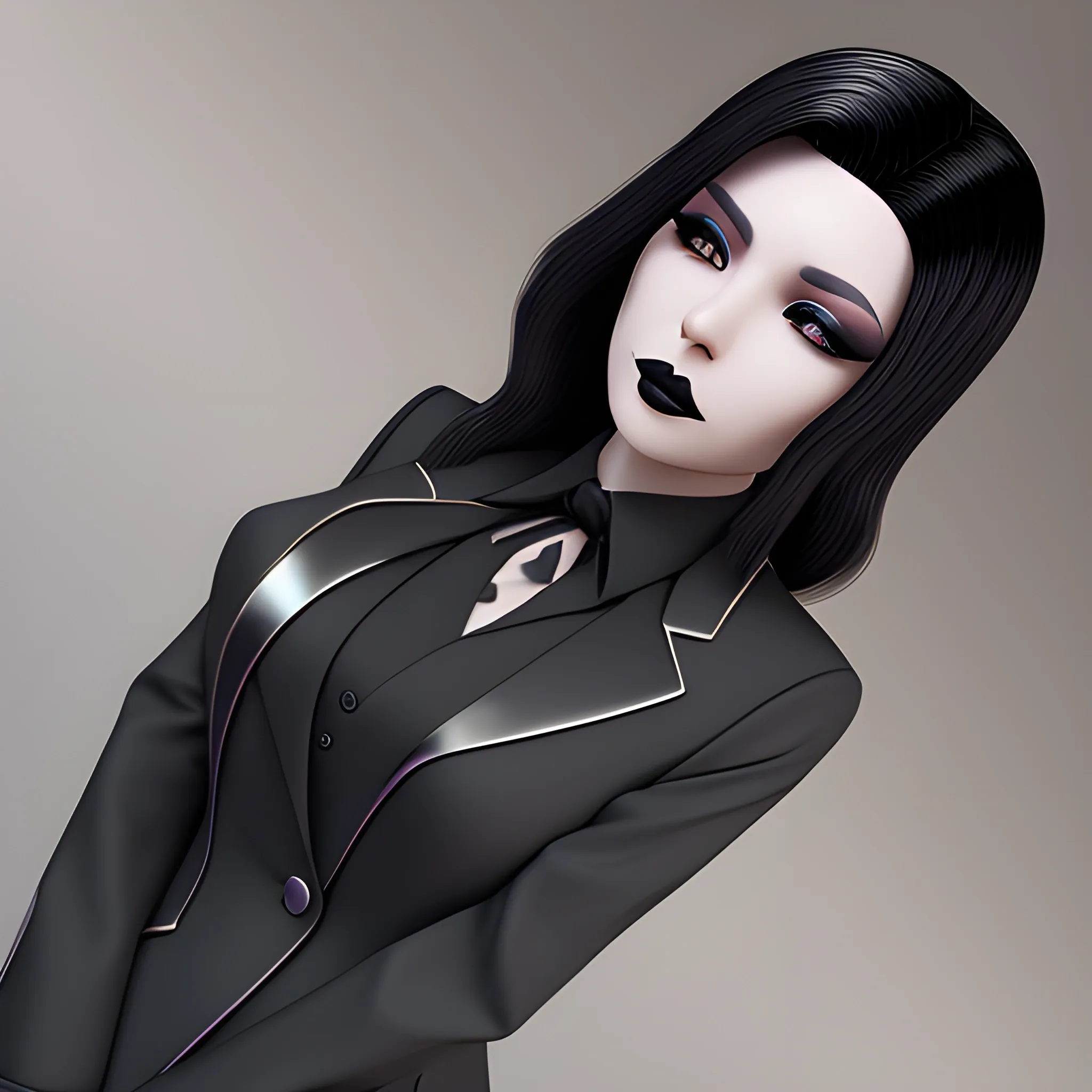 Beautiful fully black haired shoulder length business woman with black lipstick and eye makeup dressed in fancy all black funeral suit black long tie fancy all black button up dress shirt full body pose photo realistic 24k ultra realistic quality 3D no deformation