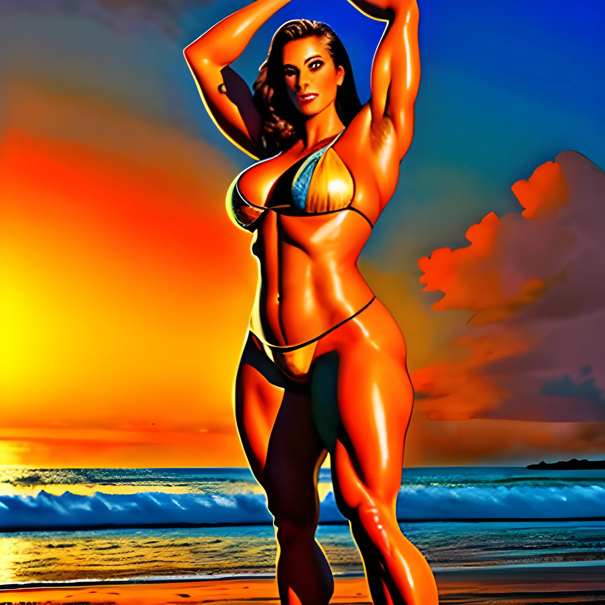 beautiful huge and tall muscular young blonde girl standing with her robust long legs straddled on tropical beach at sunset under the sky