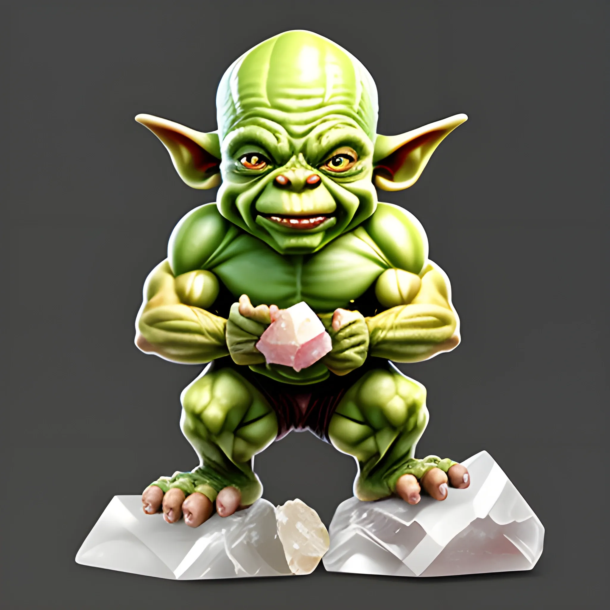 A goblin with lots of muscles holding a piece of quartz