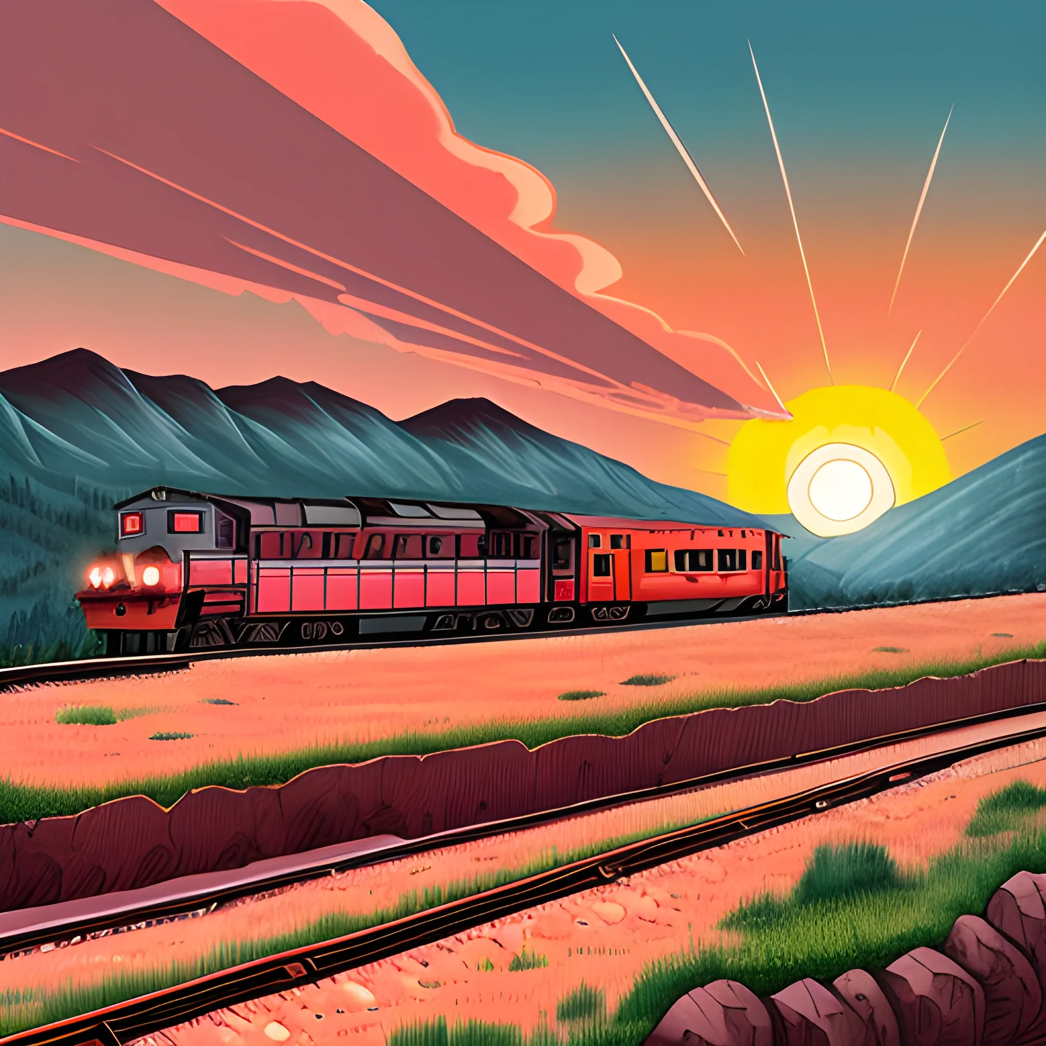 a scen of a train comming from between from mountains and hills and sun rise  behind it with red sky and clouds, Cartoon