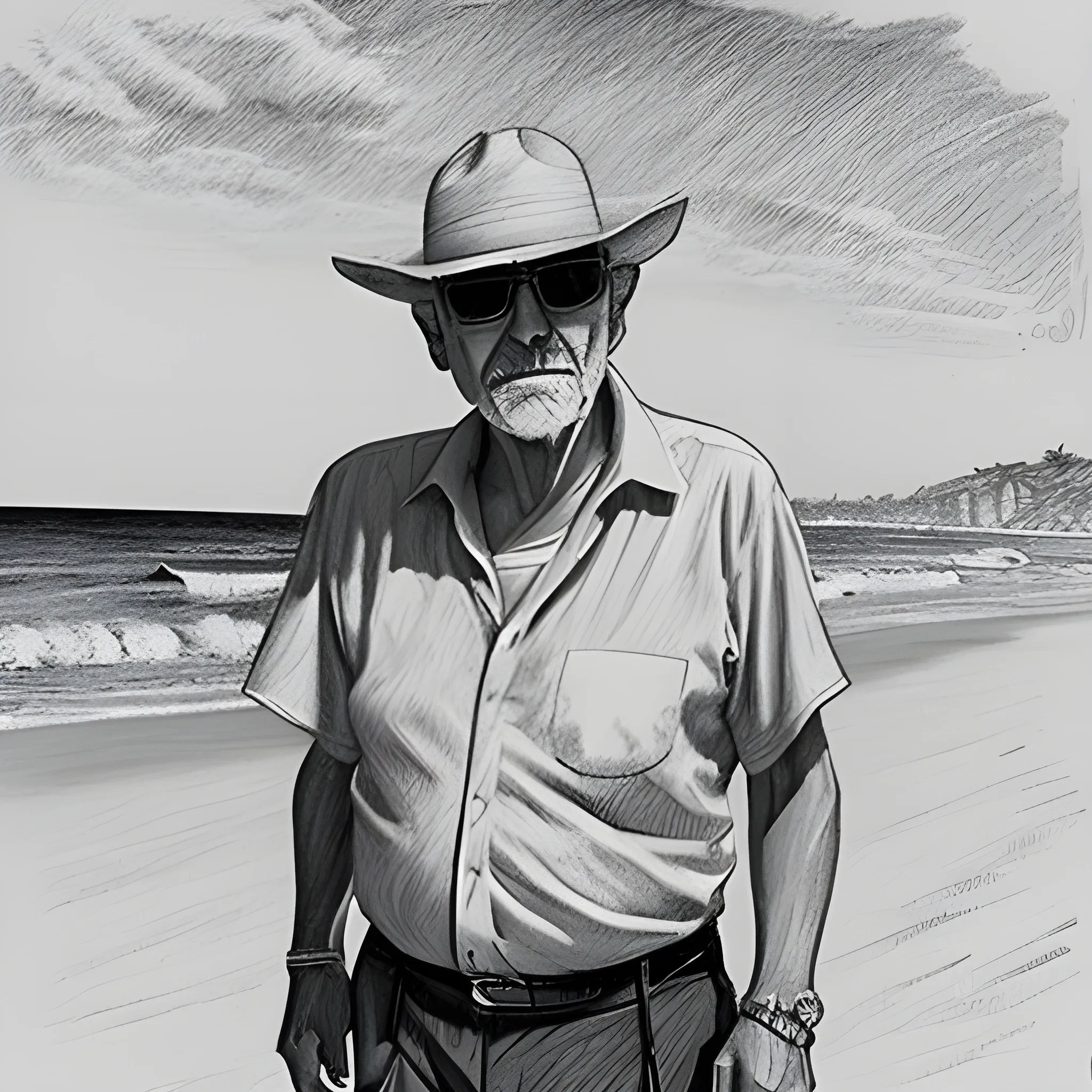 Un hombre mayor de edad paseando melancólico  por una playa. Principalmente usa tonalidades azul oscuro y negro., Pencil Sketch