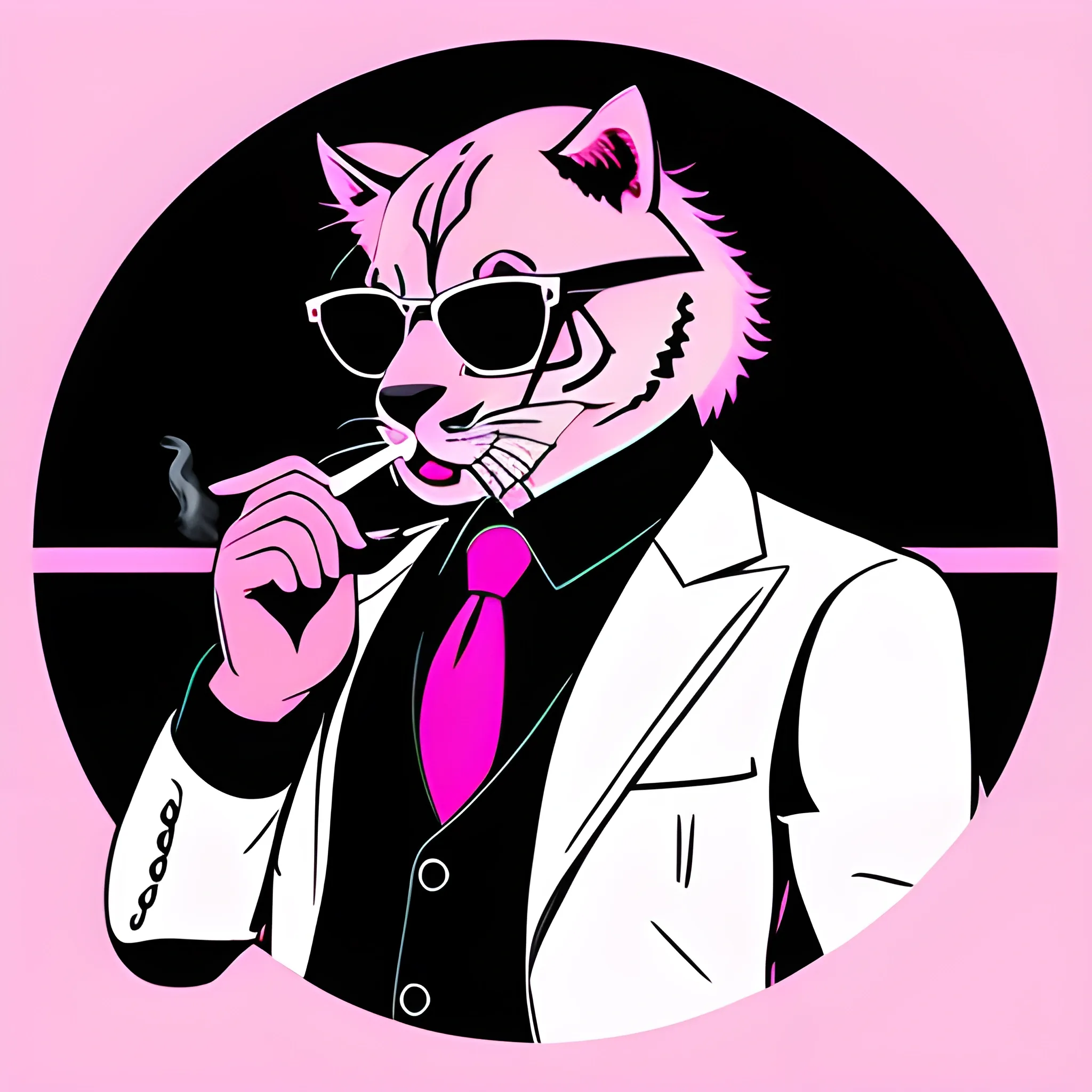 a panther in #fc3468 pink pink formal suit, round sunglass, white shirt, tie,black, attitude gloves, smoking cigar,pink background, vector,illustrator