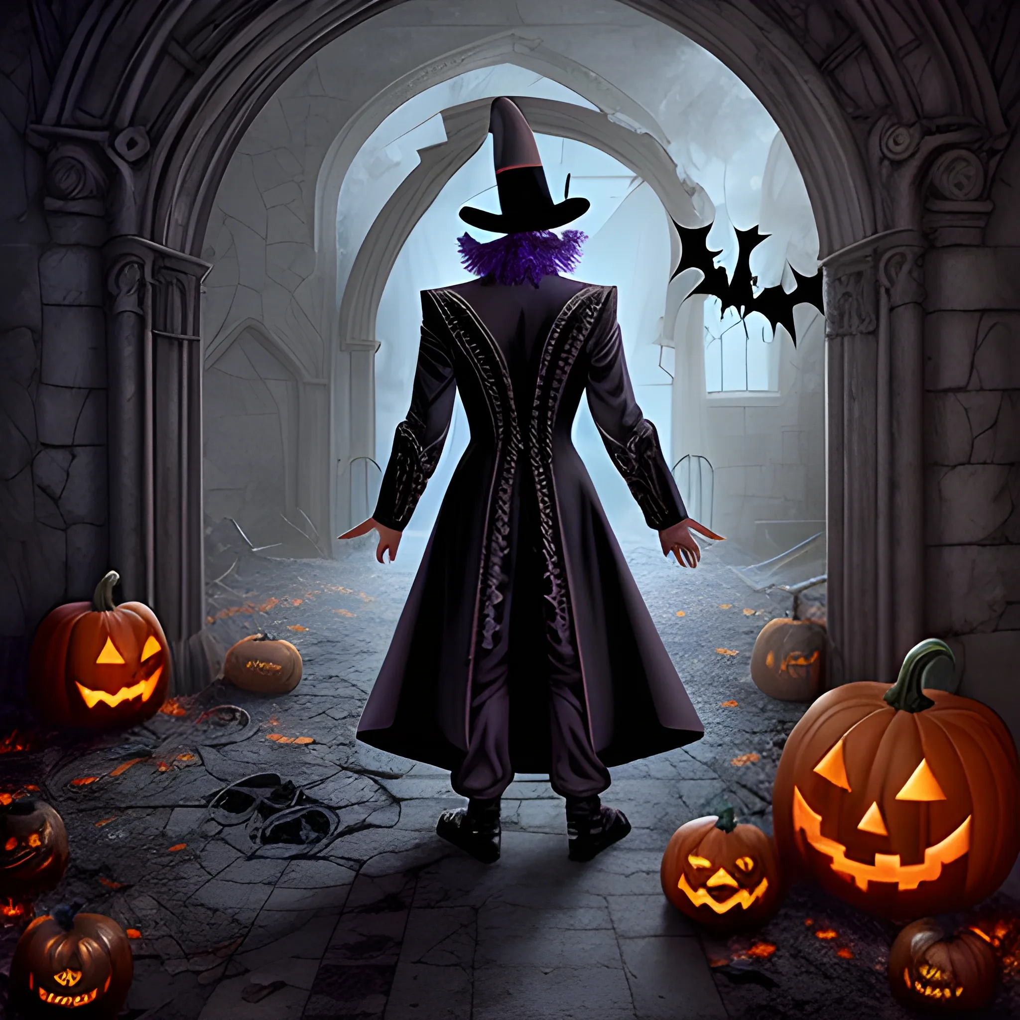 a hyperdetailed mysterious magician from Magic Craft Game in abandoned old mysterious ruins with his back to the camera and halloween stuff on the ground, hyperdetailed background