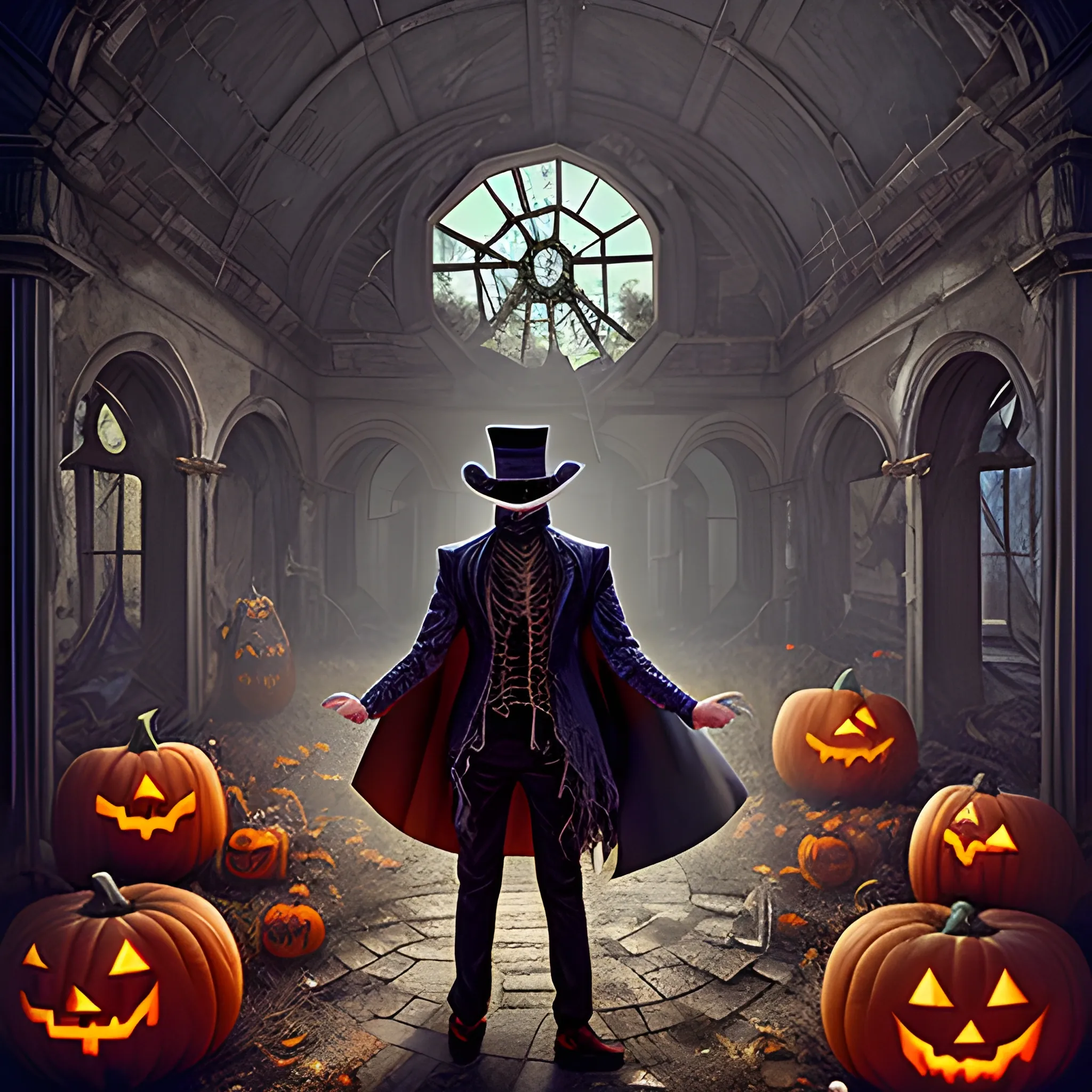 a hyperdetailed mysterious magician from Magic Craft Game in abandoned old mysterious ruins with his back to the camera and halloween stuff on the ground, hyperdetailed background