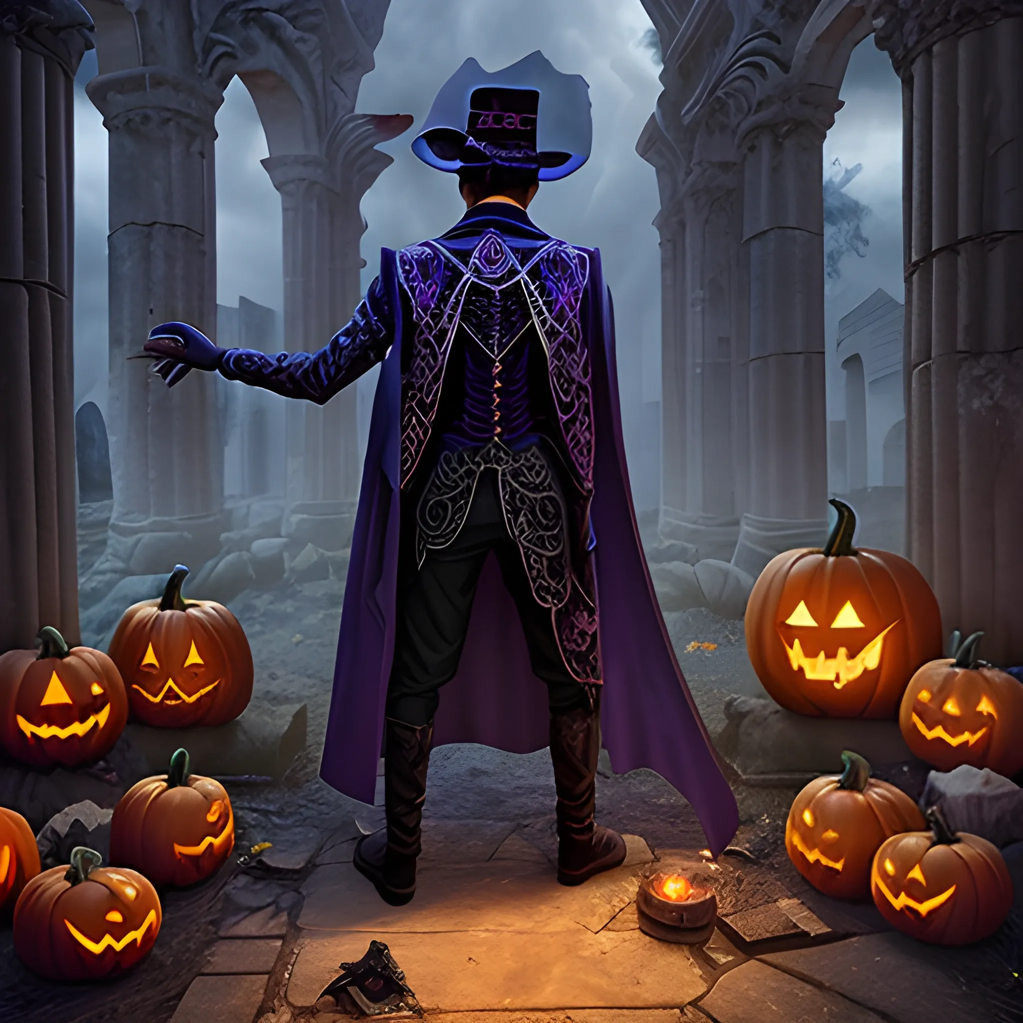 a hyperdetailed mysterious magician from Magic Craft Game in ancient ruins with his back to the camera and halloween stuff on the ground, hyperdetailed background