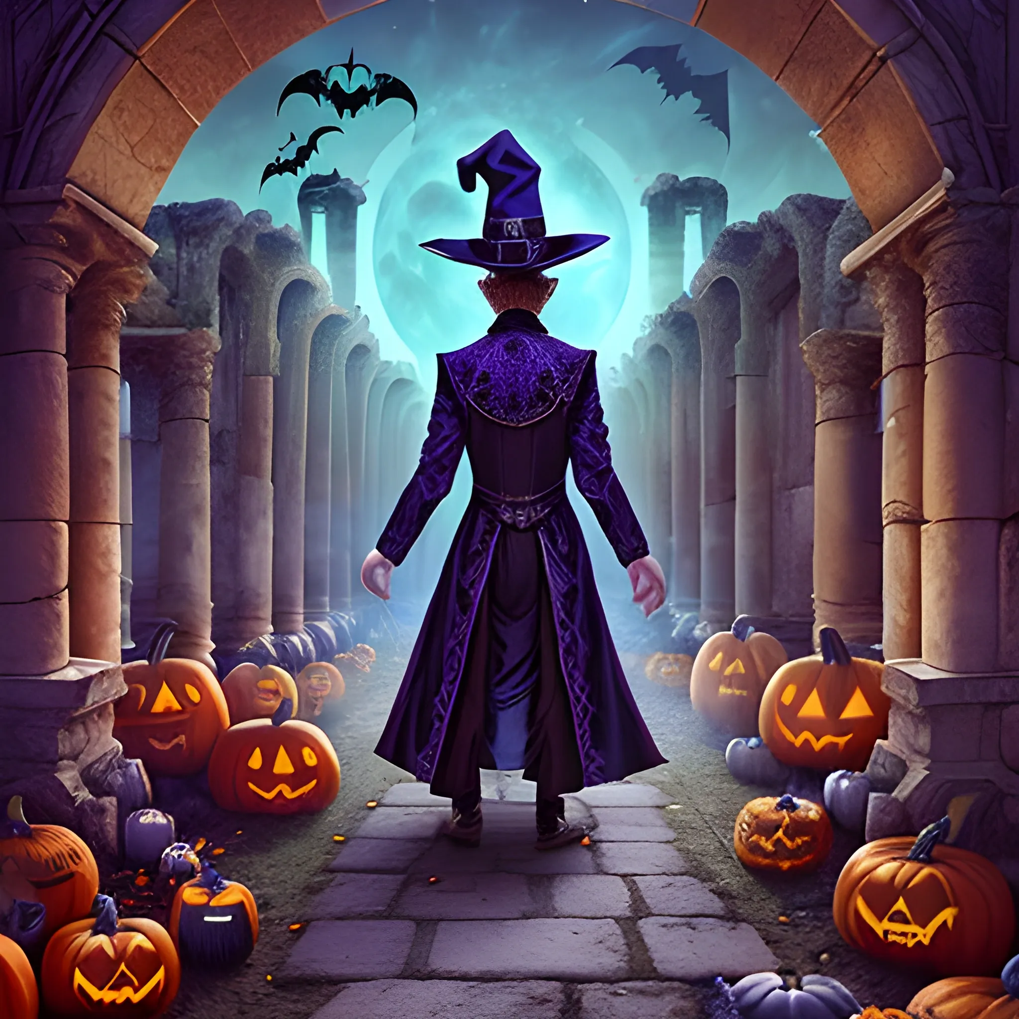 a hyperdetailed mysterious magician from Magic Craft Game in magical ancient ruins with his back to the camera and halloween stuff on the ground, hyperdetailed background