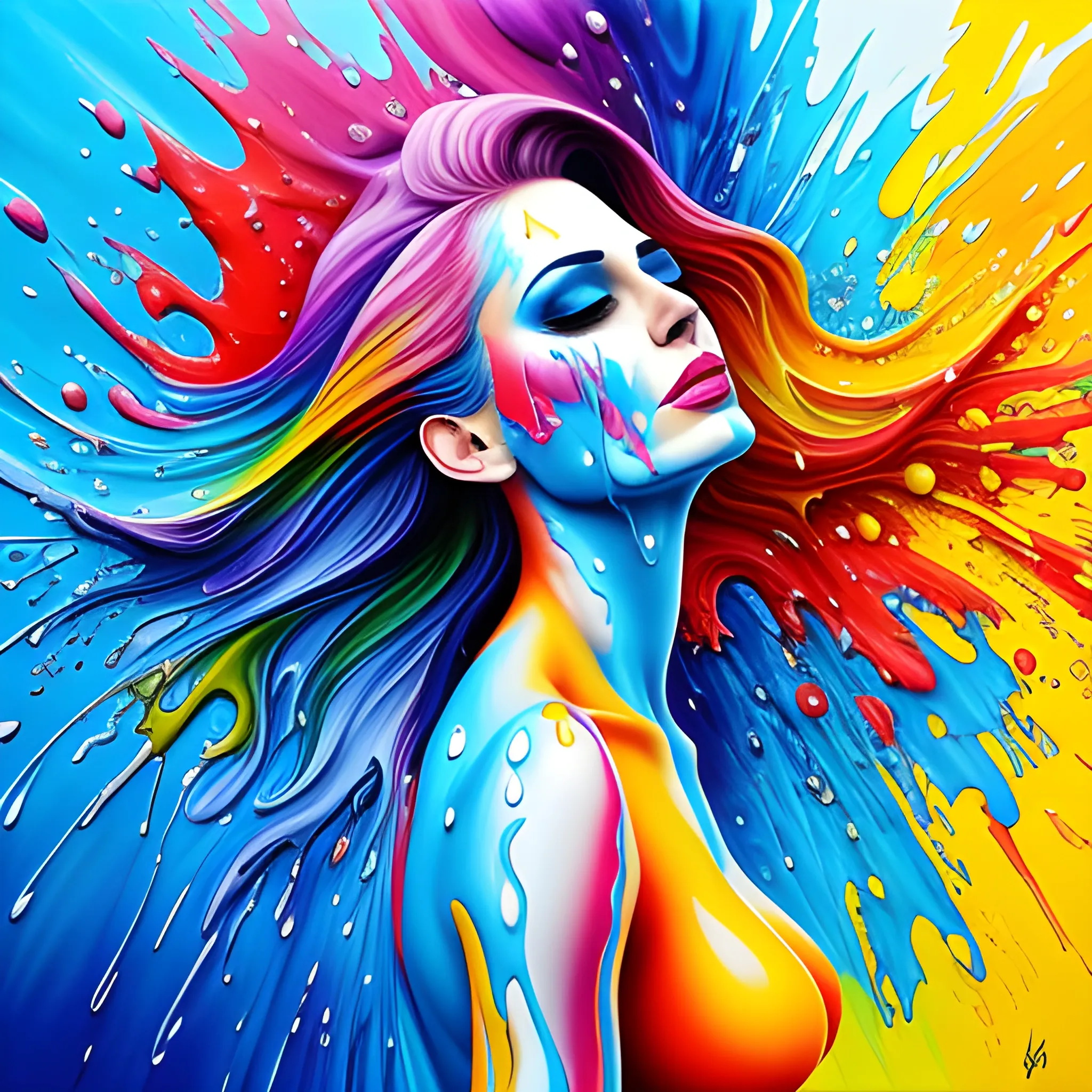 Fluid splash painting art girl, colorful, realistic, high quality